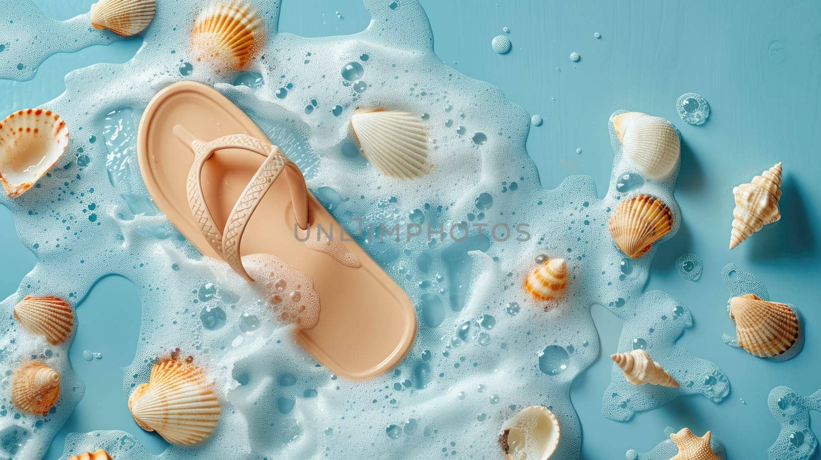 An electric blue flip flop is peacefully floating in the azure water, encircled by seashells, creating a beautiful natural art composition AIG50