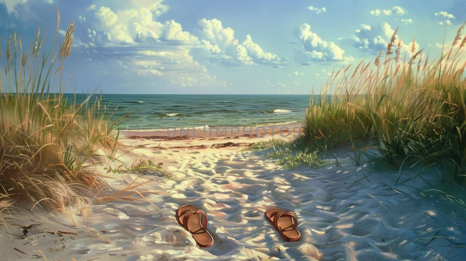 A pair of flip flops rests in the sand on a beach at sunset, with water gently lapping nearby and clouds painting the sky in hues of orange and pink AIG50