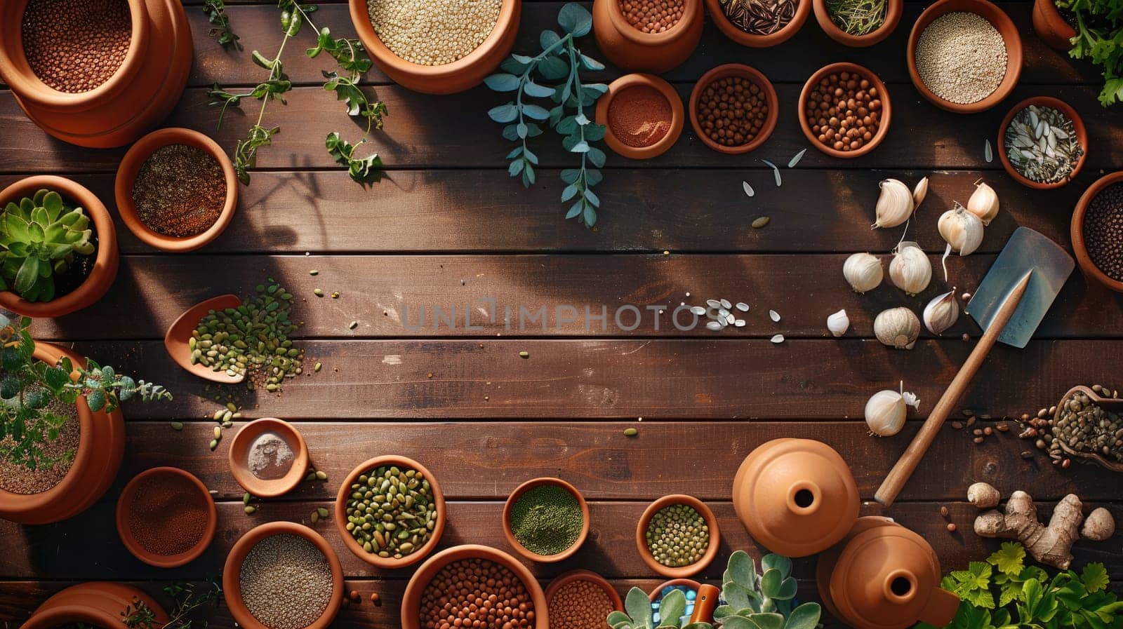 A wooden table adorned with flowerpots filled with plants and gardening tools, enhancing the landscape of a residential area AIG50
