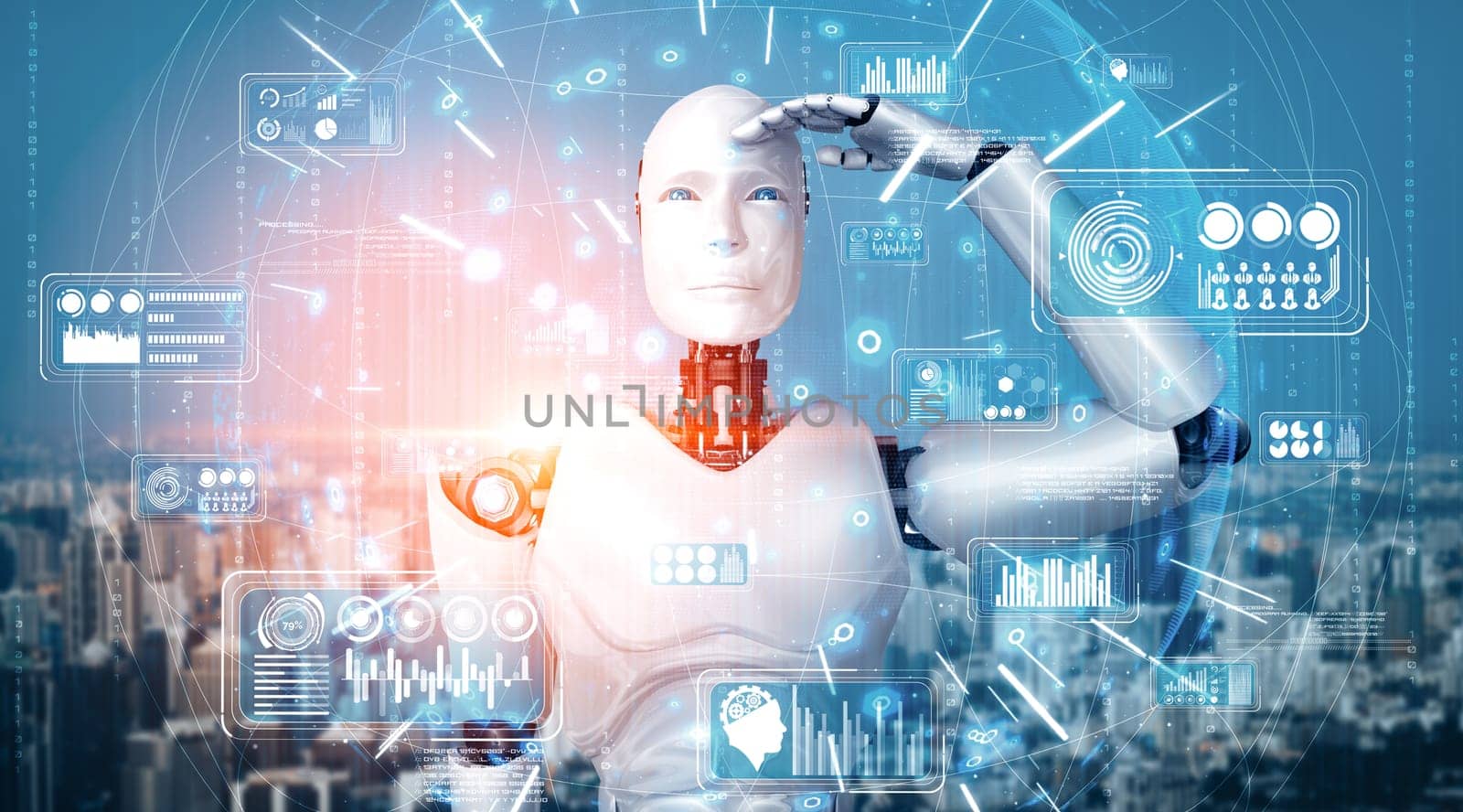 MLP 3d illustration Humanoid AI robot looking at hologram screen showing concept of big data analytic using artificial intelligence by machine learning process. 3D illustration.
