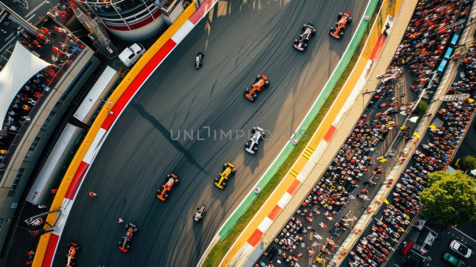 Aerial view of racing car driving car at race track surrounded with smart spectator cheering and watching the competition at grand stand. Top view of group of car racing along the race track. AIG42.