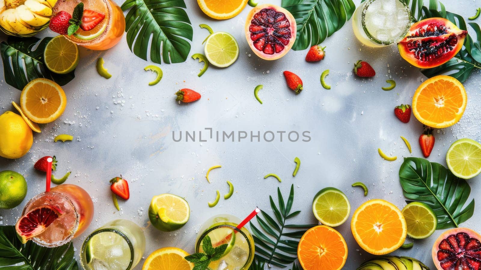 A variety of fruits and vegetables, including Rangpur, yellow, and other ingredients, are beautifully arranged in a circle on a table for a vibrant and colorful dishware display AIG50