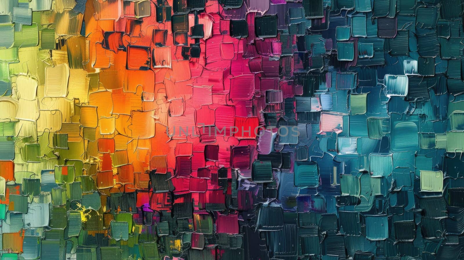 Artistic abstract digital image of rainbow color in pixel art texture. The squares are various sizes and bright colors, including red, blue, yellow, green, and orange. Gradient color concept. AIG42.