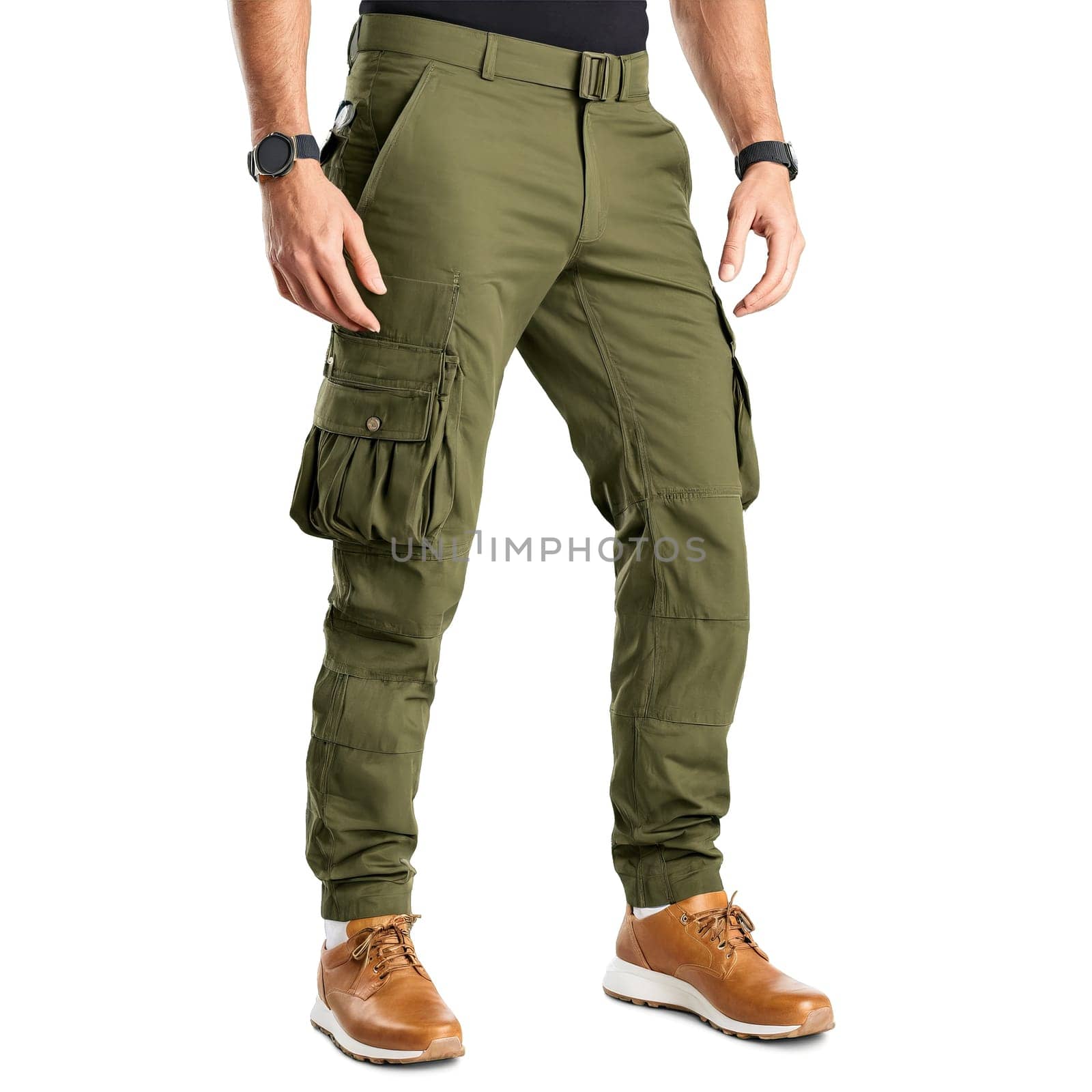Stylish cargo pants in olive green with multiple pockets and a tapered leg levitating Mockup by panophotograph