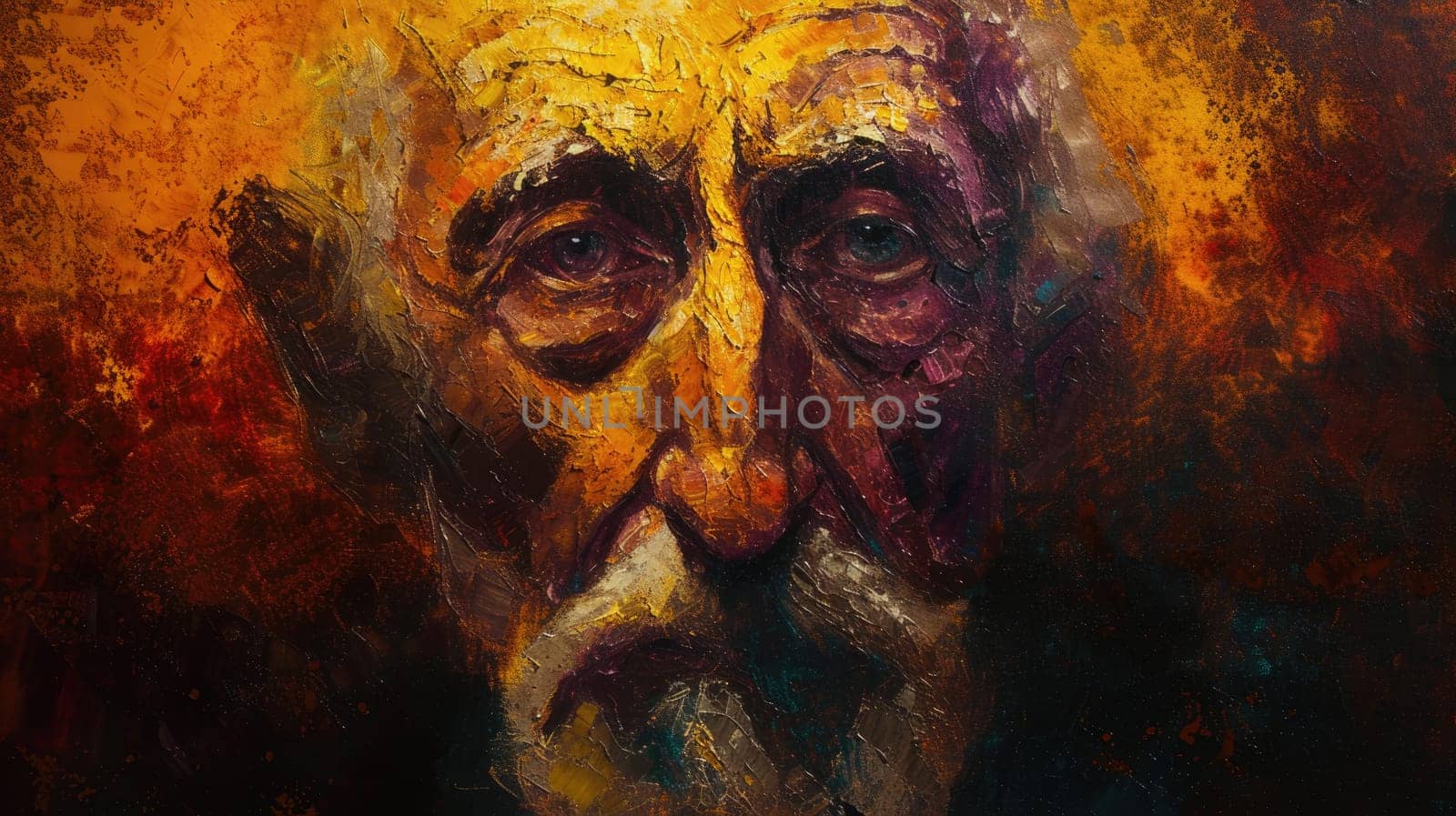 A portrait of creative realistic painting of old middle aged man with wrinkled face and was painted with vibrant brush. Represent emotional of upset, sorrow, unhappy. Modern impressionist art. AIG42.