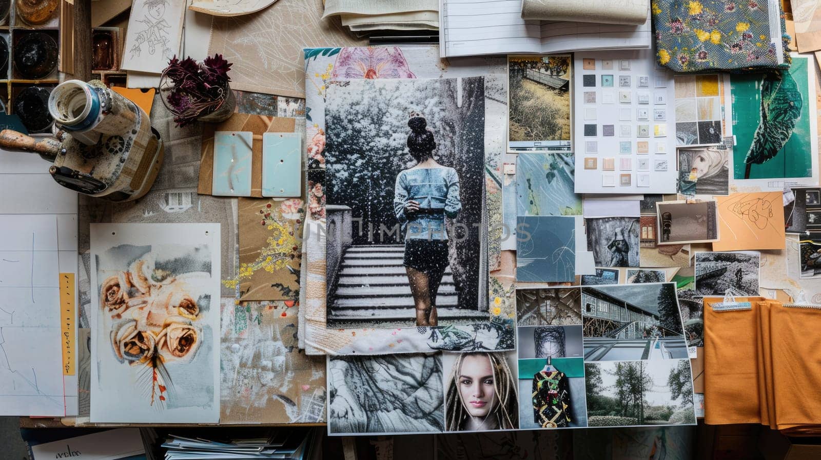 A fusion of pictures and fabrics on a wall creates a stunning collage of art. Electric blue petals, flowers, and paper products add a unique touch to the facade AIG50