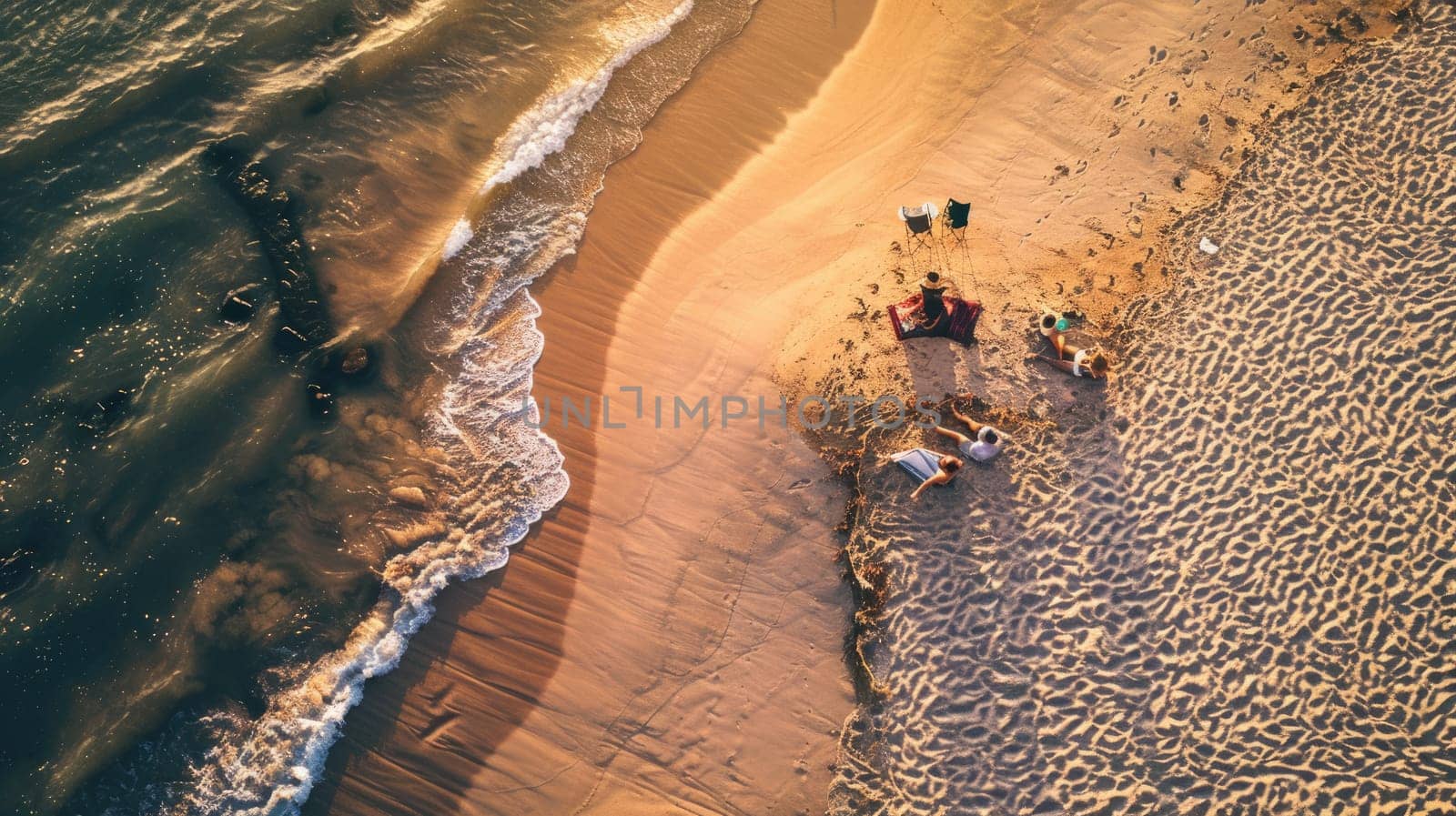 An aerial view of a group of people having a picnic on the beach, surrounded by vehicles, pollinators, insects, patterns in the landscape, woods, soil, terrestrial animals, wildlife, and beehives AIG50