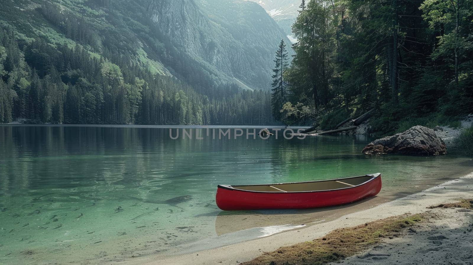 A red canoe is docked on the shore of a picturesque lake with majestic mountains towering in the background, surrounded by a serene natural landscape under a cloudy sky AIG50
