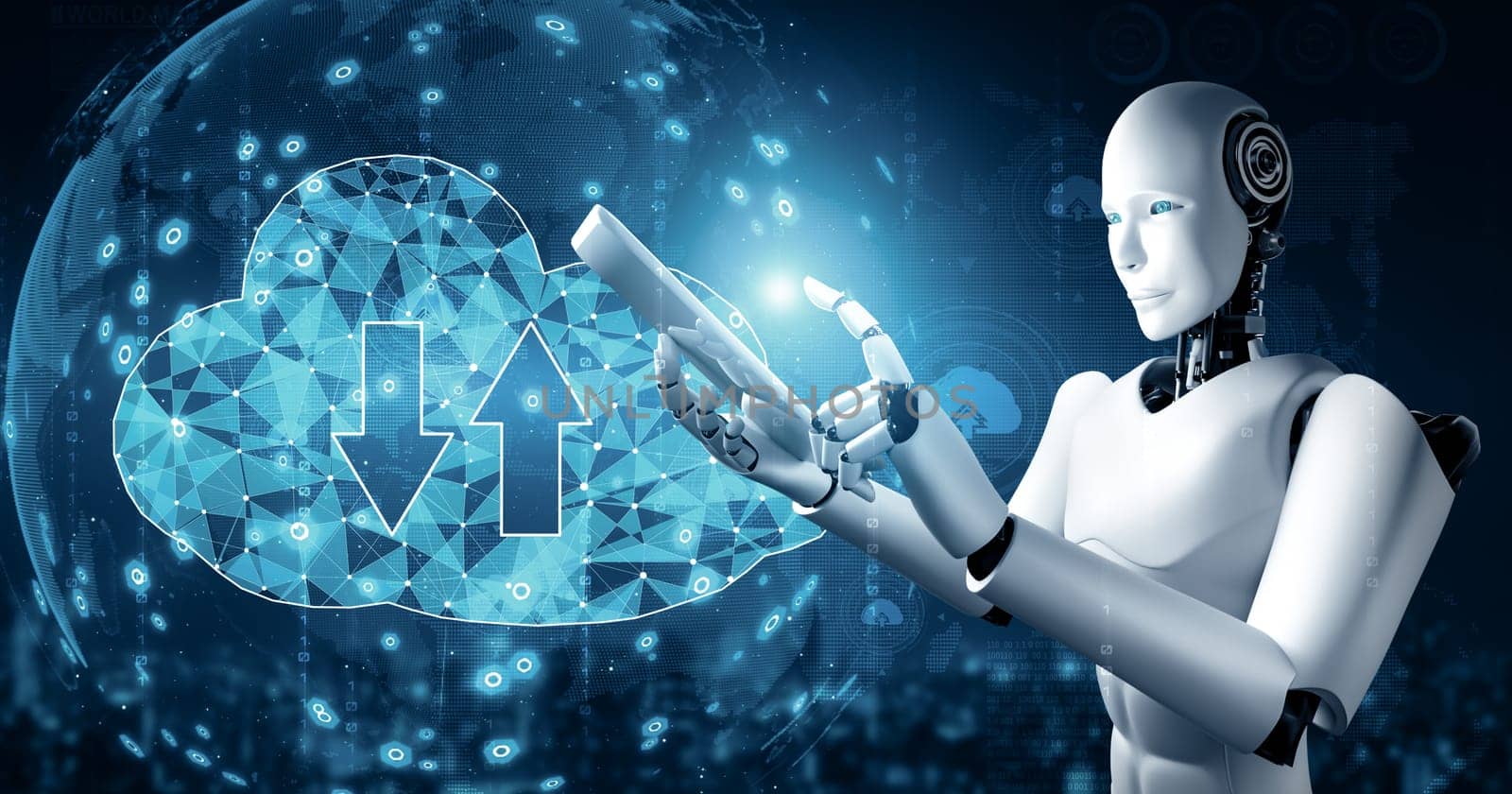 MLP 3d illustration AI robot using cloud computing technology to store data on online server. Futuristic concept of cloud information storage analyzed by machine learning process. 3D rendering illustration.