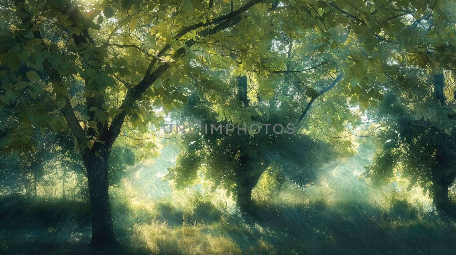 A beautiful painting depicting the sun shining through the trees in a park, illuminating the grass and creating a stunning natural landscape AIG50