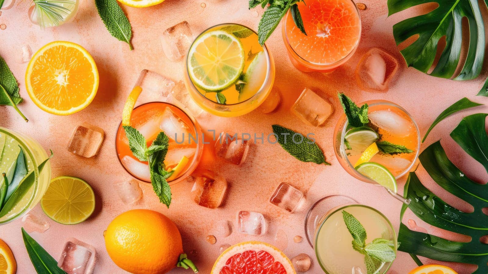 The table is adorned with a variety of fruits and leaves, including Rangpur, Hardy kiwi, and oranges. These natural foods can be used as ingredients in recipes AIG50