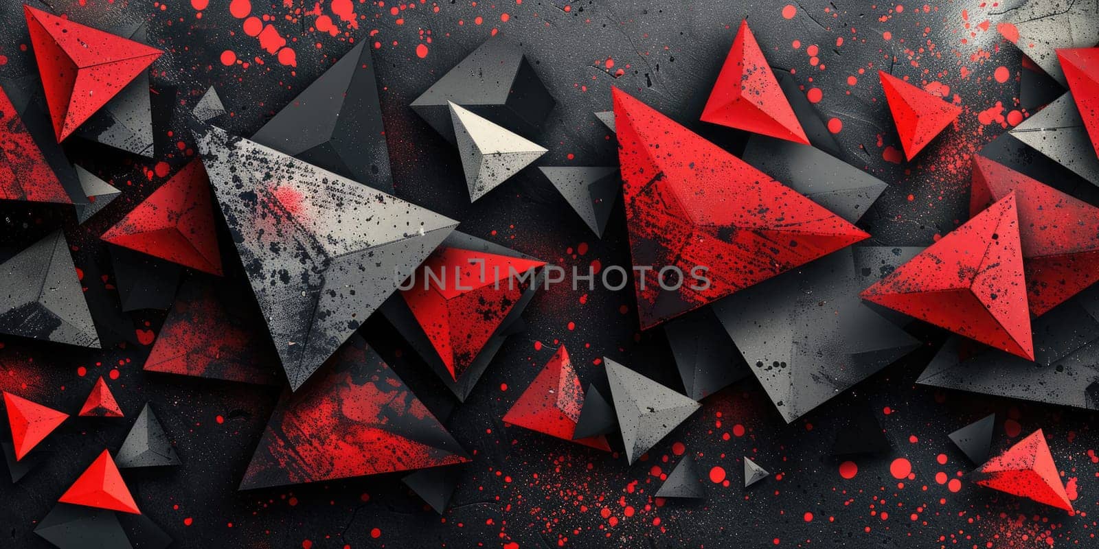 A 3D rendering of red and black triangles with a grunge texture. AIG51A.