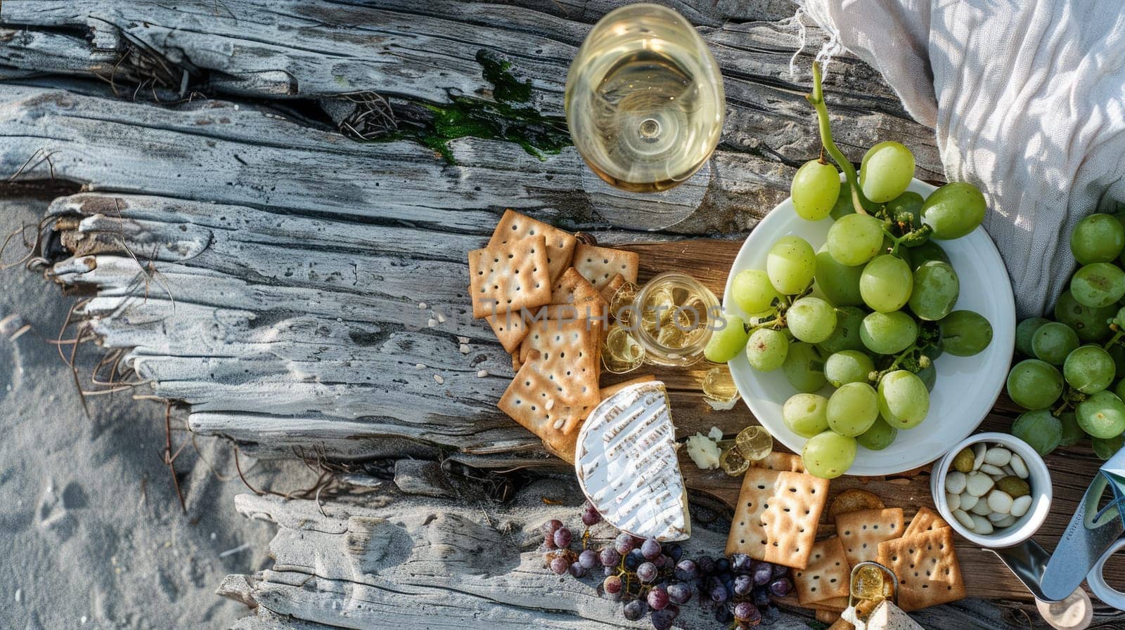 A wooden table displaying a delicious recipe with ingredients such as cheese, grapes, crackers, and a glass of wine. A natural foods dish showcasing the beauty of plantbased cuisine AIG50