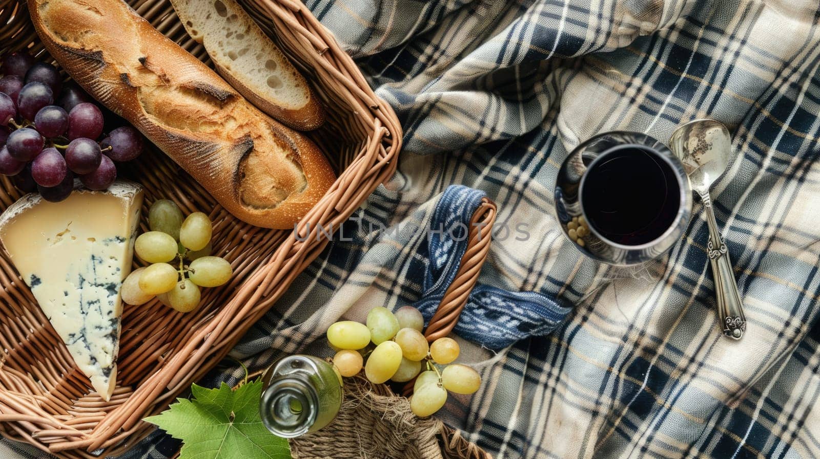 A picnic featuring a bottle of wine, grapes, cheese, bread, and a glass of wine, all laid out on a tartan blanket. The natural foods complement the plantbased recipe perfectly AIG50