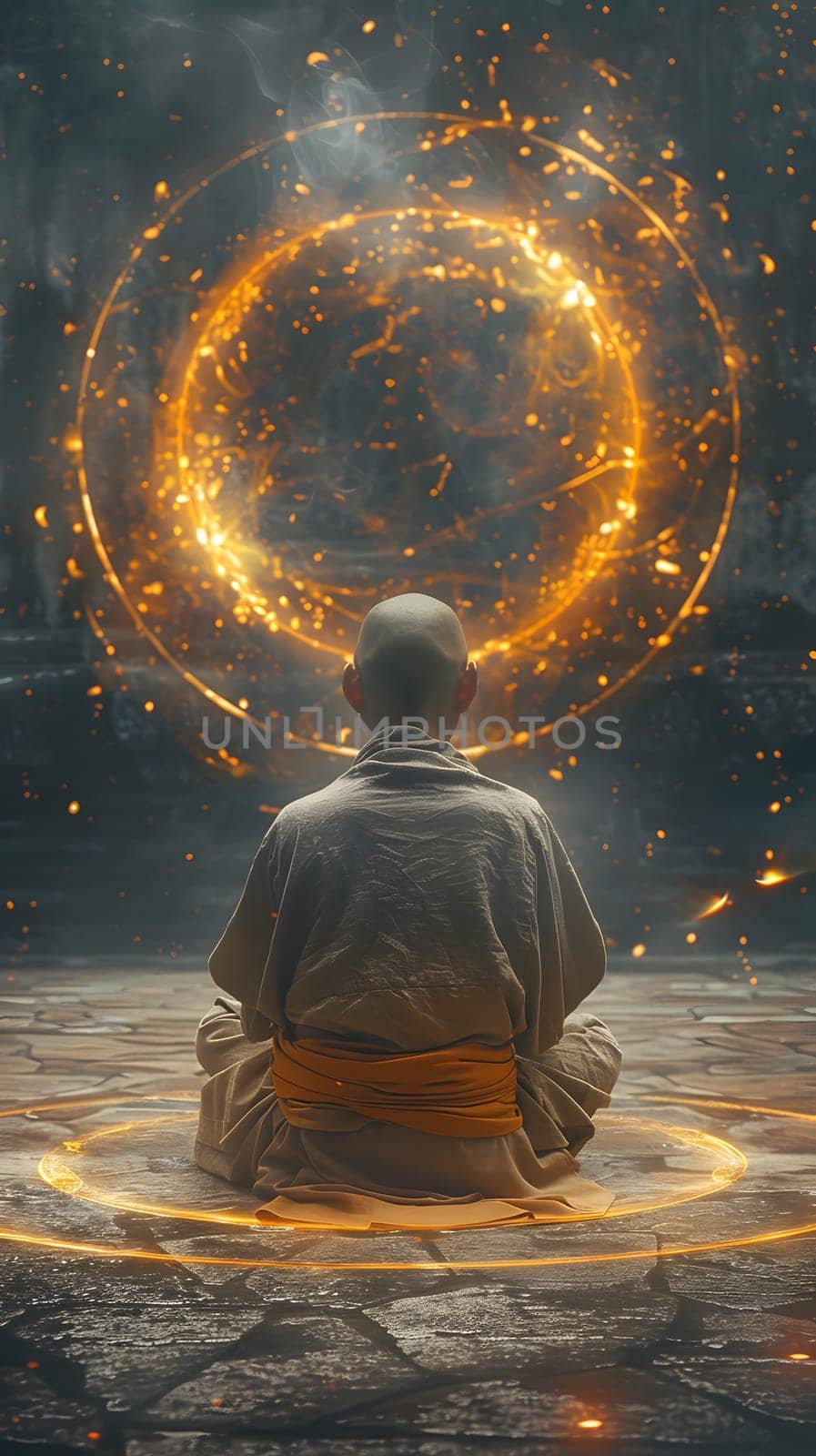 A man portrayed in CG artwork is meditating in a lotus position in front of a glowing circle, creating a mystical and surreal image blending art and spirituality