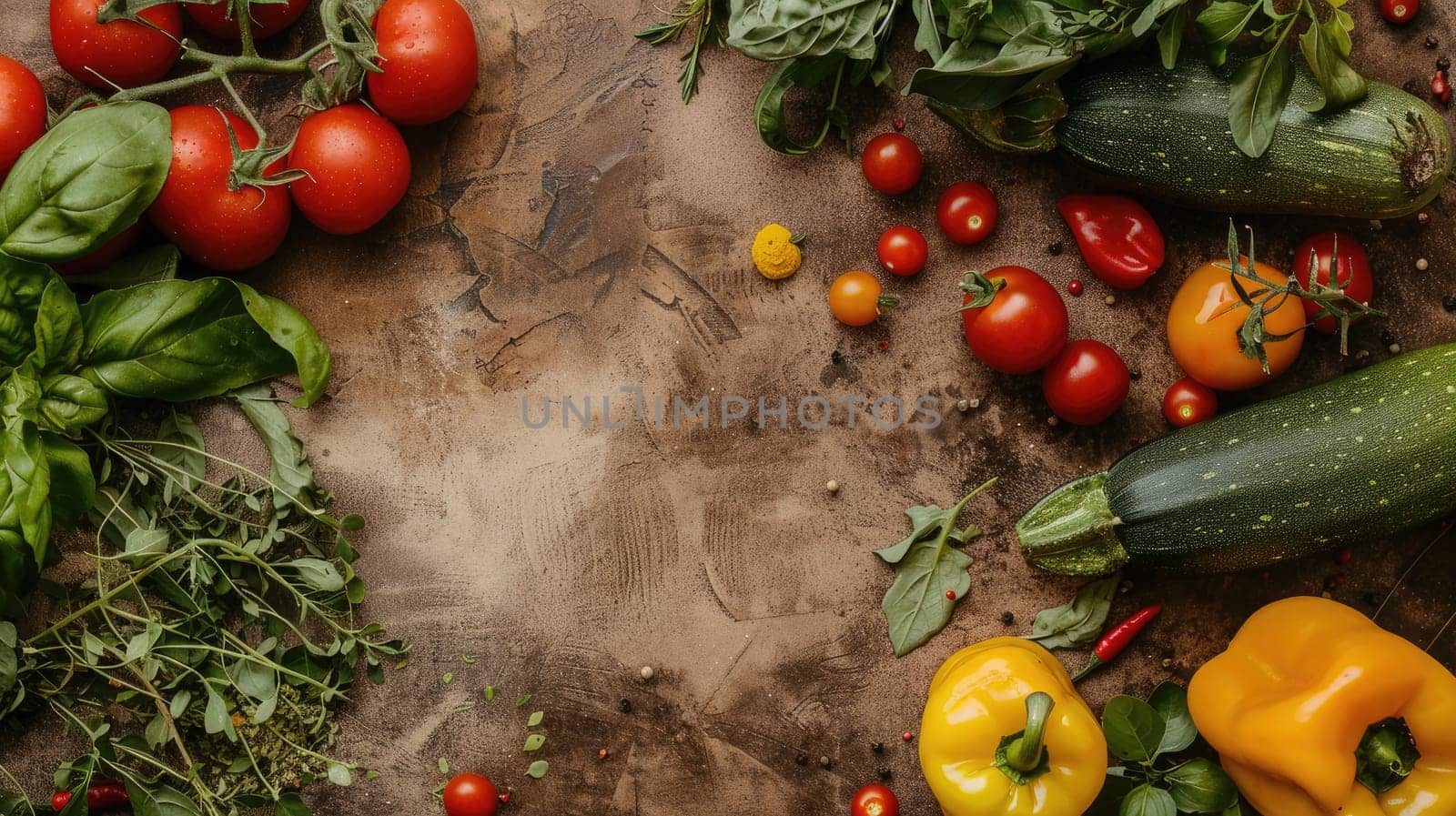 The table is adorned with a variety of plants and flowers including vegetables and flowering plants. The assortment includes fruits, petals, and grass, creating a beautiful natural food landscape AIG50