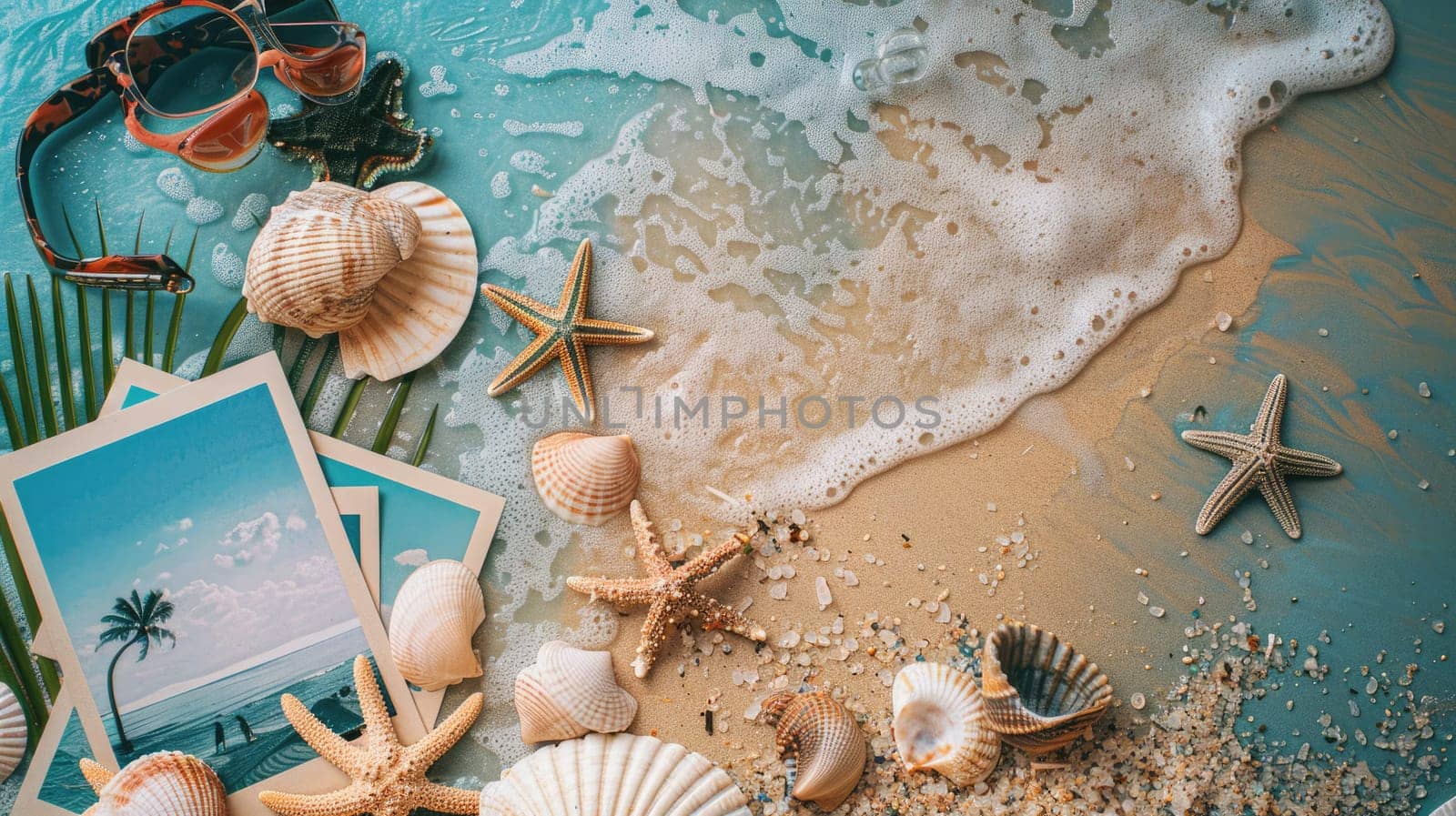 On the beach, a hat, sunglasses, seashells, starfish, and photos are scattered on the sand. The aqua water creates a stunning landscape for leisure and fun events AIG50