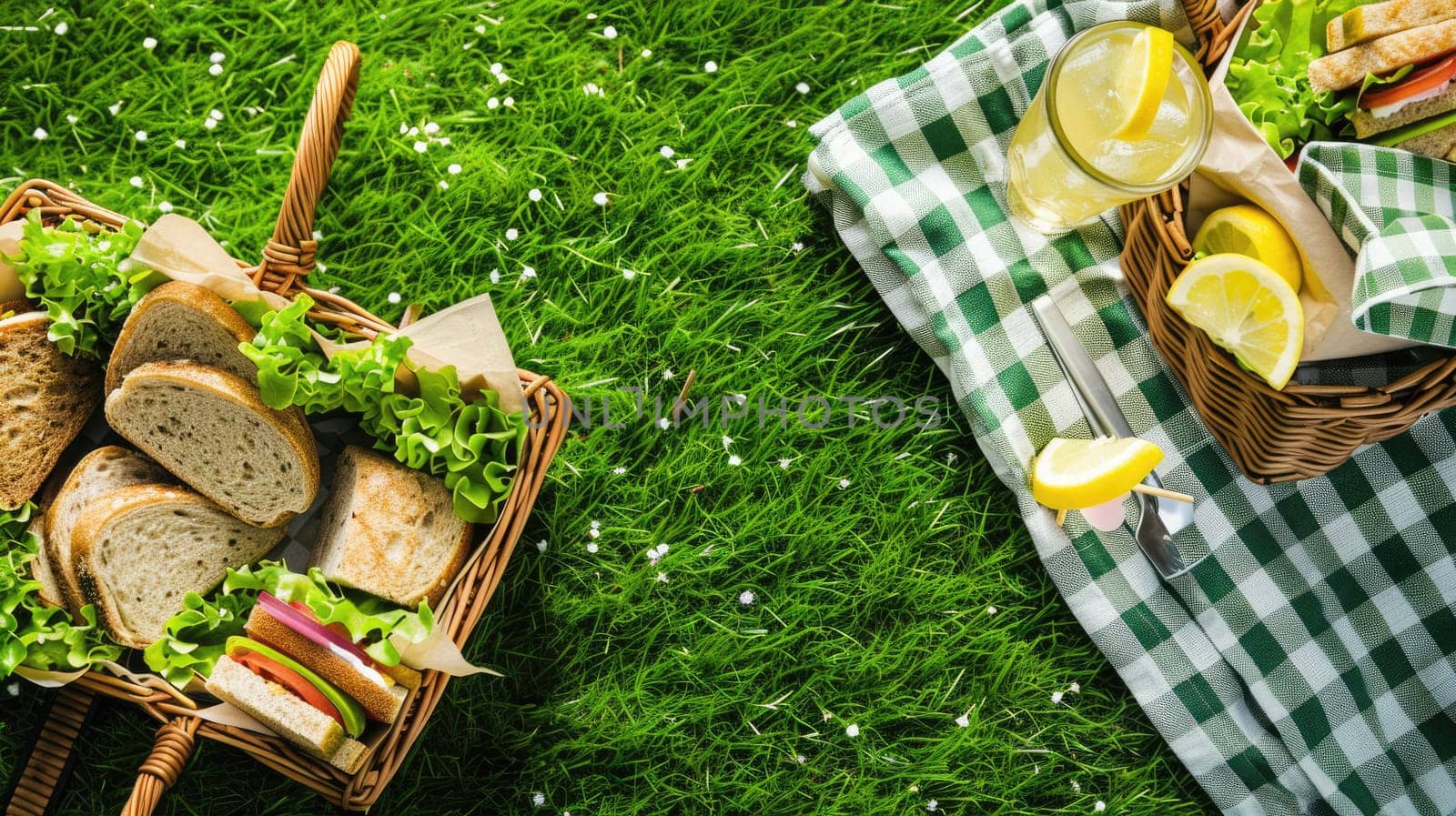 A green picnic basket filled with food items such as sandwiches, lemons, and juice placed on the grass. The ingredients are sourced from terrestrial plants and citrus fruits AIG50