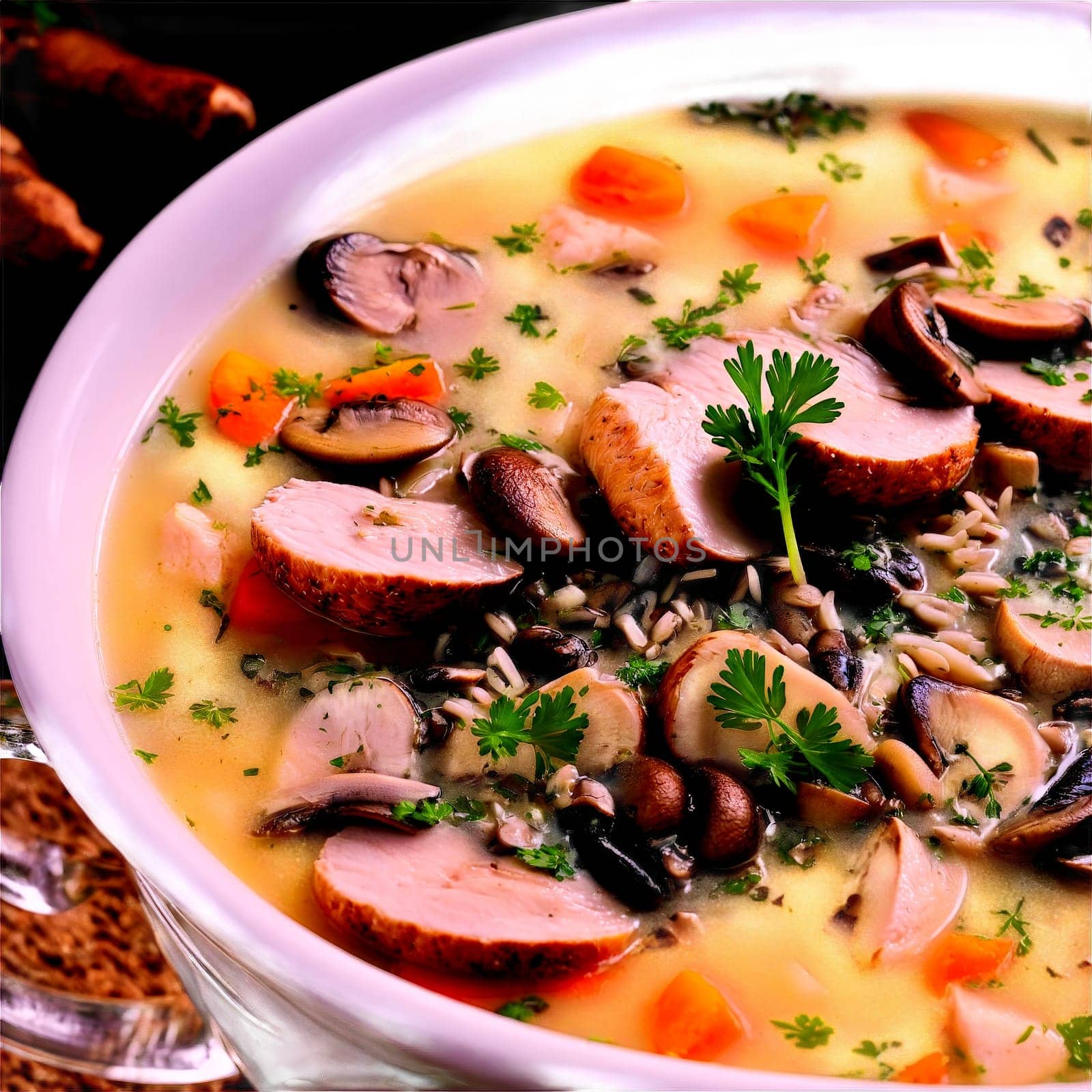 Chicken and wild rice soup with mushrooms and thyme a comforting soup with tender chicken by panophotograph