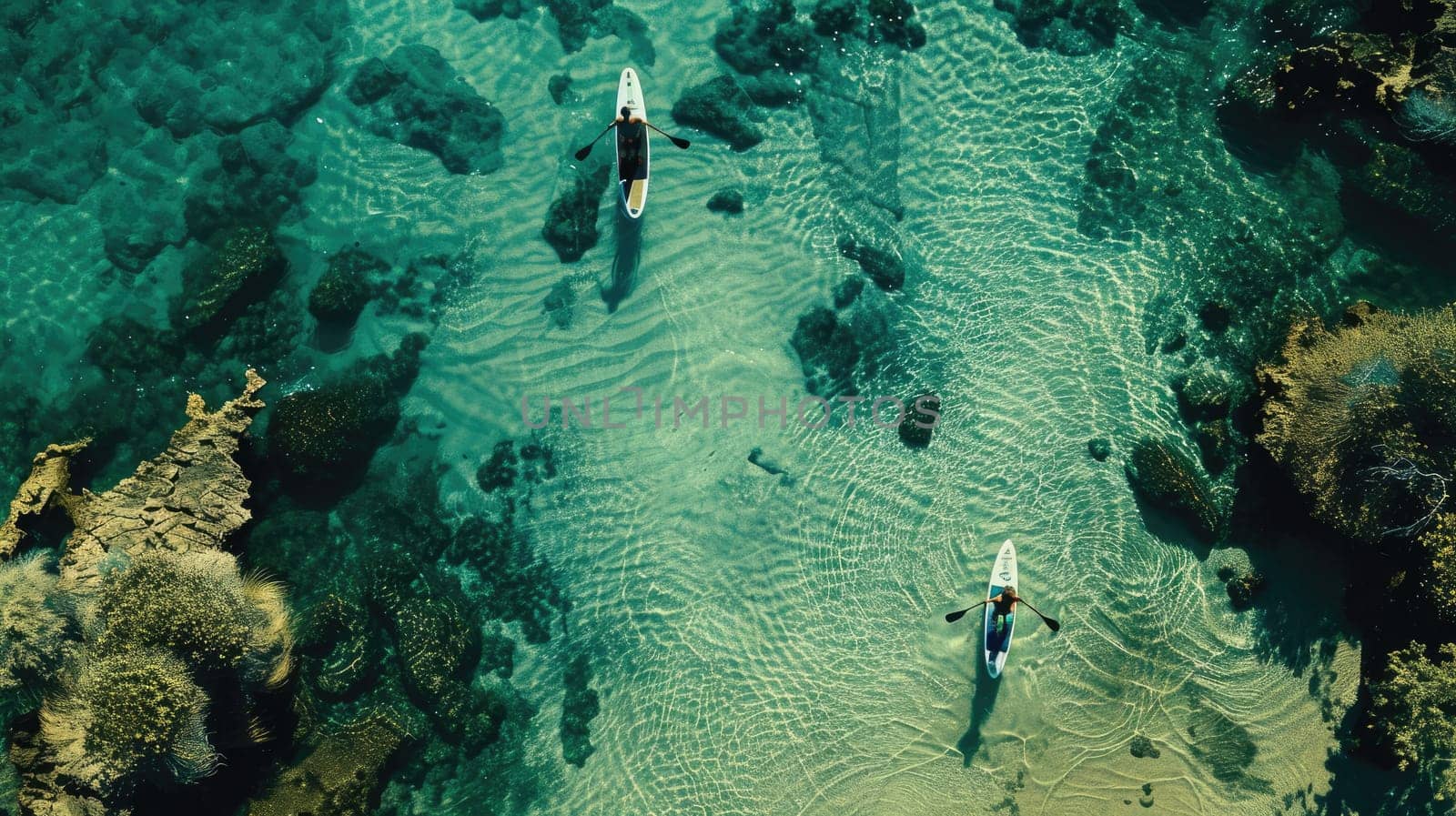 A mesmerizing aerial view of two kayakers gliding through the electric blue waters of the ocean, surrounded by marine life and underwater landscape AIG50
