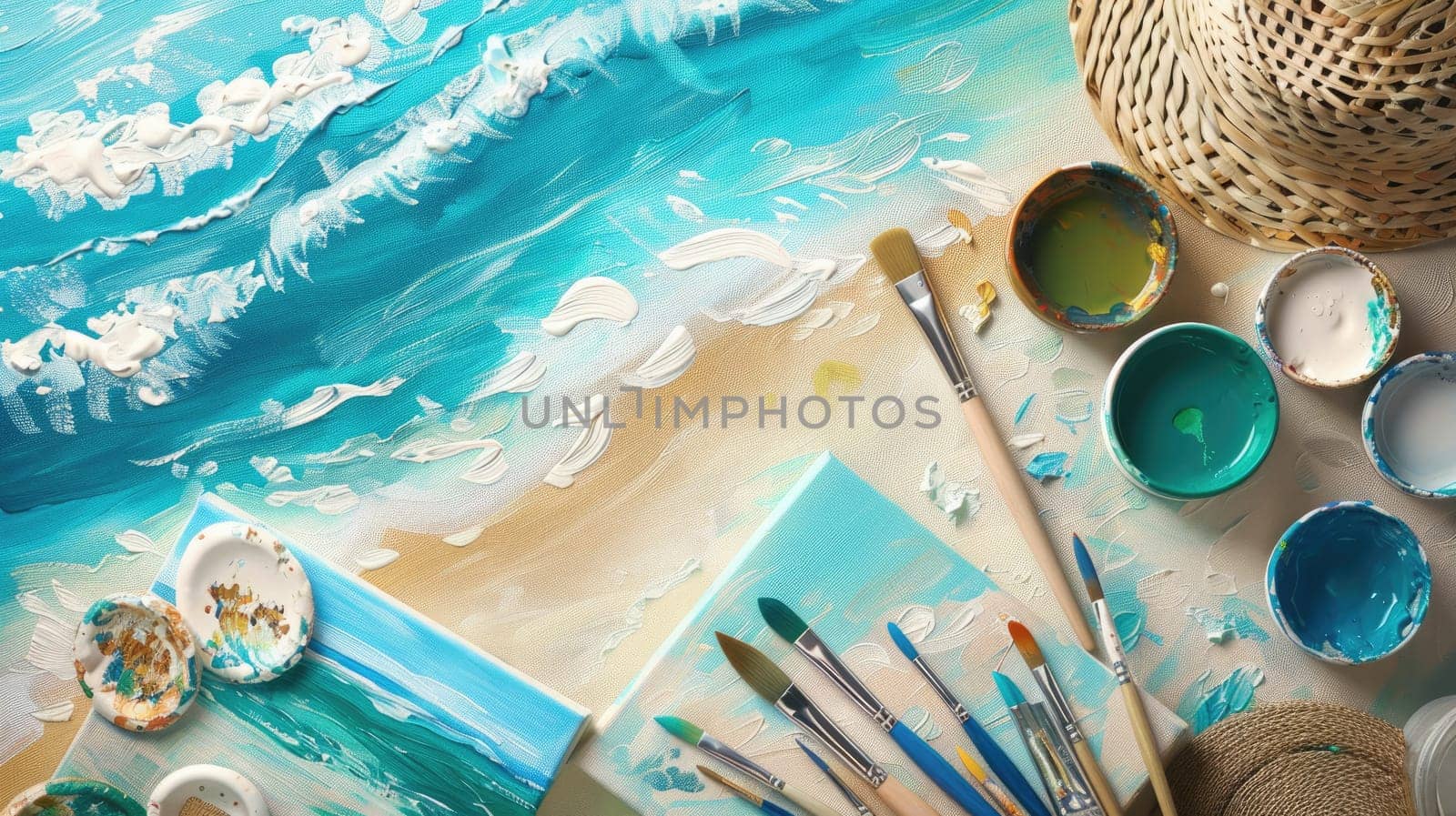 A piece of art depicting a beach scene with azure water, umbrellas, and brushes on a table. The fluid strokes create a leisurely atmosphere AIG50