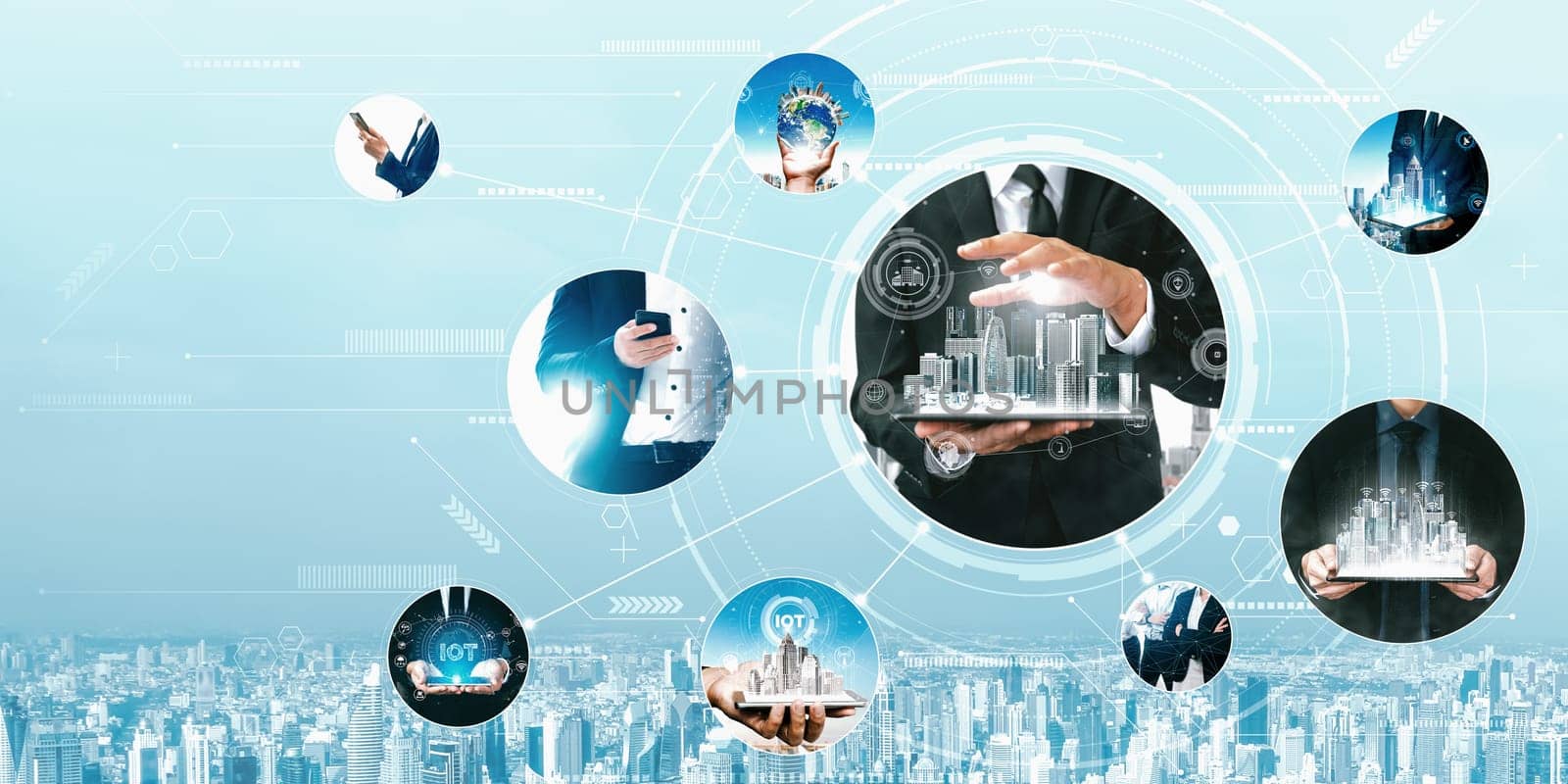 Communication technology , smart connection IOT and people network technology concept. People using connective device to connect to the secured internet network and cloud computing server vexel