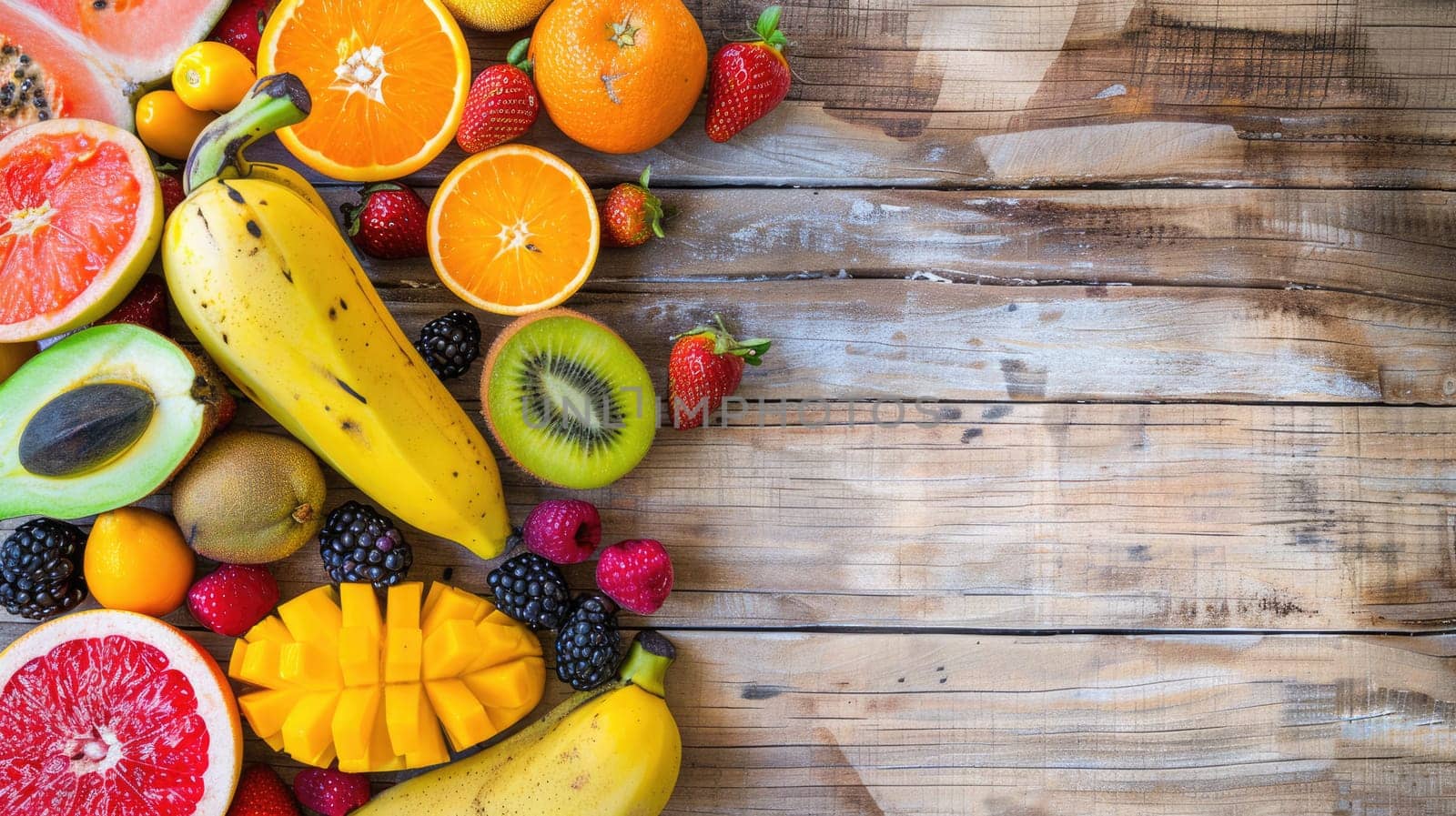 A diverse selection of tropical fruits and leaves displayed on a wooden table, perfect ingredients for creating exotic cuisine dishes and natural food recipes AIG50