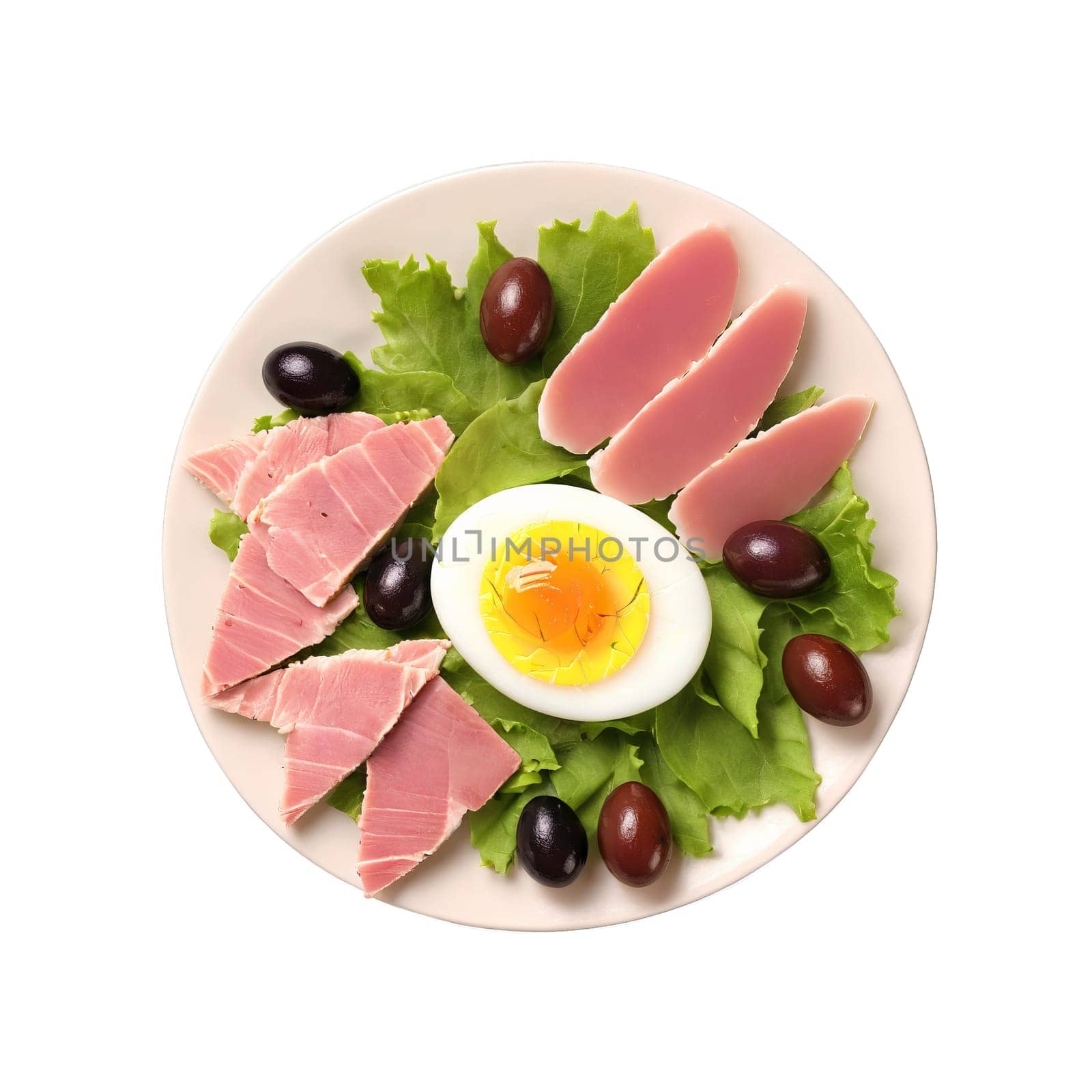 Nicoise salad pink tuna slice halved boiled egg kalamata olive rolling isolated on transparent Food by panophotograph