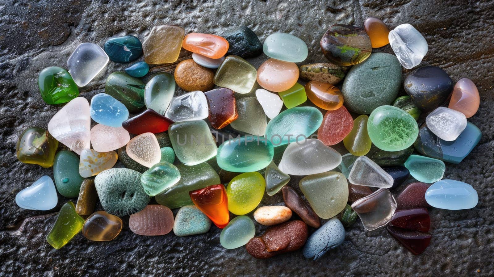 The ground is covered with a variety of natural materials such as light amber gemstones, azure aqua stones, and electric blue rocks. Each one is a unique piece of art in closeup detail AIG50