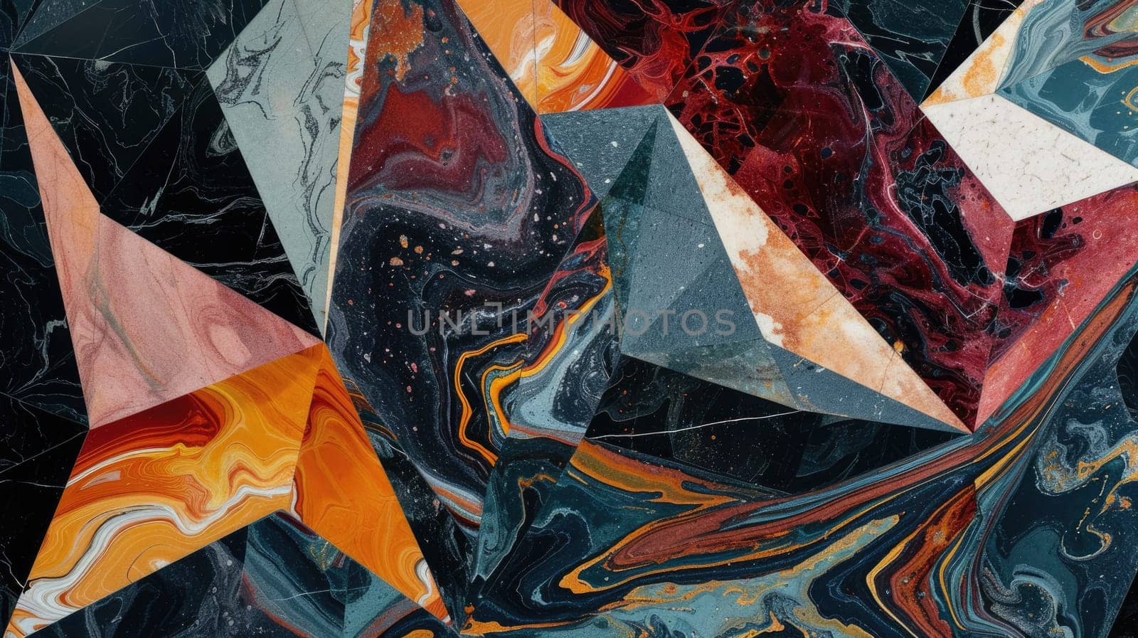 Close up of tiles of marble was painted by abstract color with black and white mixed background. Painting was painted with elegance colorful watercolor in geometry shape at light marble tiles. AIG42.