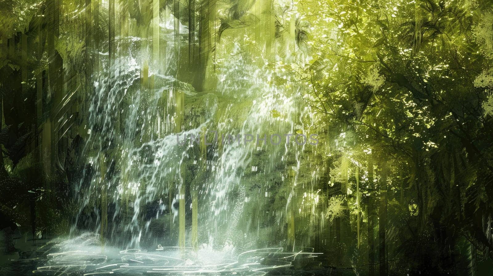 A magnificent waterfall flowing through a lush forest, surrounded by towering trees and vibrant terrestrial plants, creating a stunning natural landscape AIG50