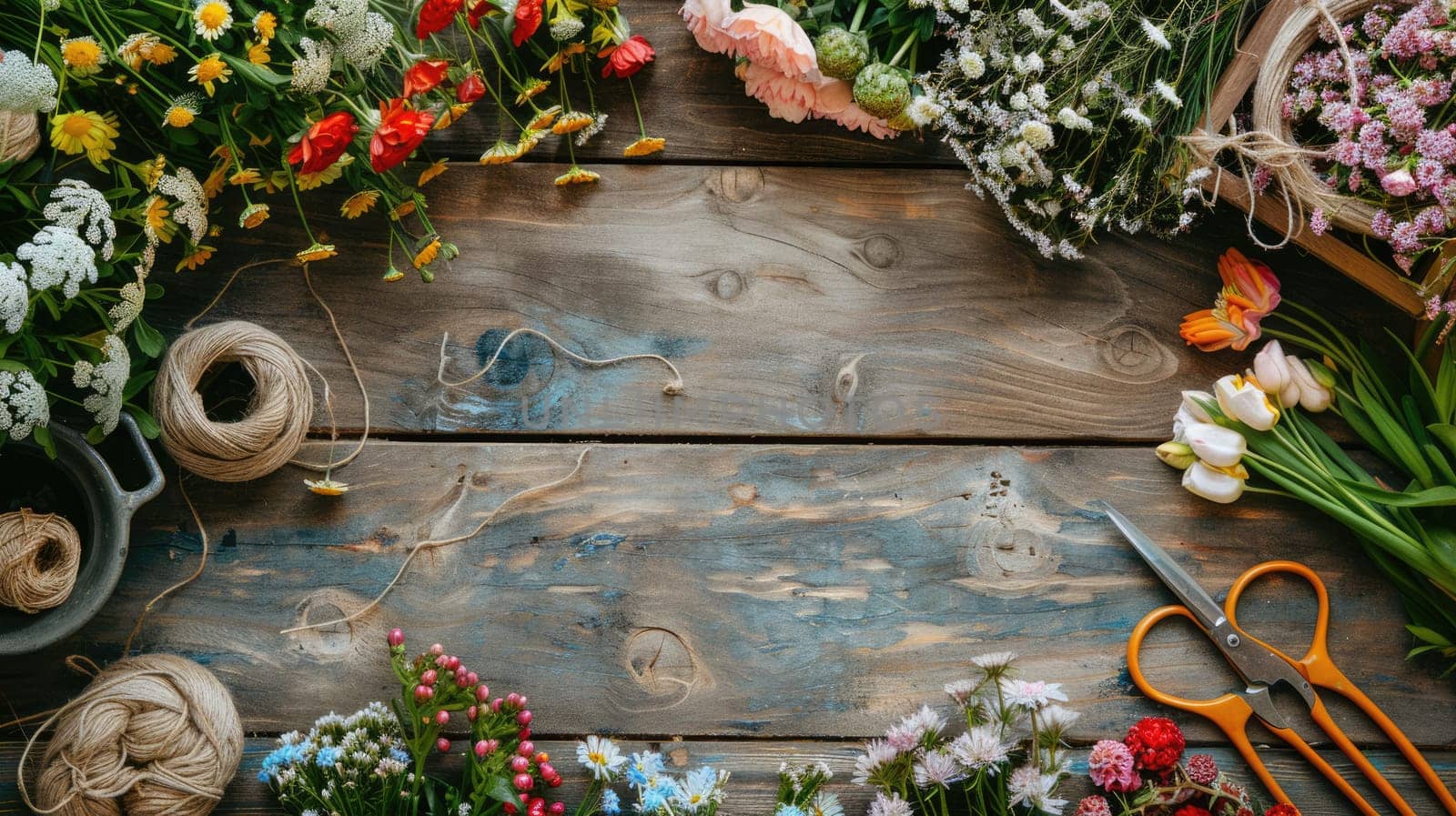 The table is adorned with a variety of flowers, each unique in color and shape. The vibrant petals create a beautiful display, adding a touch of natures beauty to the room AIG50