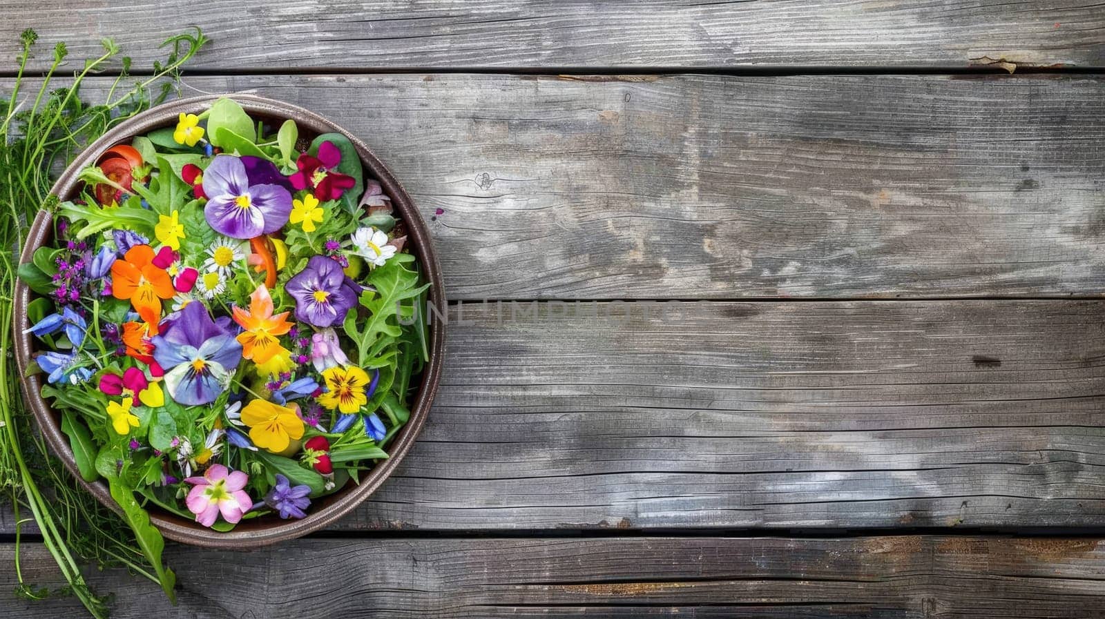 A colorful salad bowl decorated with edible flowers sits on a rustic wooden table, creating a beautiful and artistic display of natures bounty AIG50