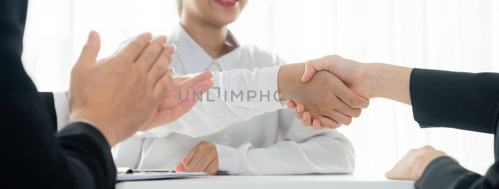 Two business executive shake hand in boardroom for merger and acquisition. Shrewd by biancoblue