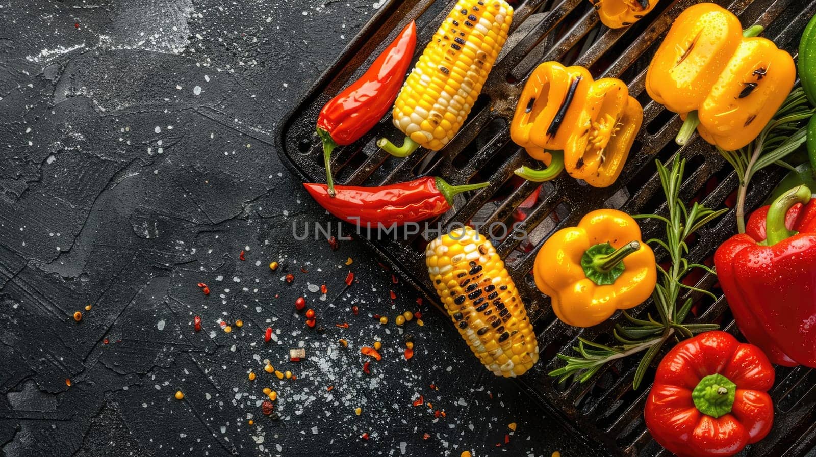 A variety of colorful bell peppers and chili peppers are sizzling on the grill, ready to be used as ingredients in a delicious recipe. These natural foods add flavor and nutrition to any cuisine AIG50