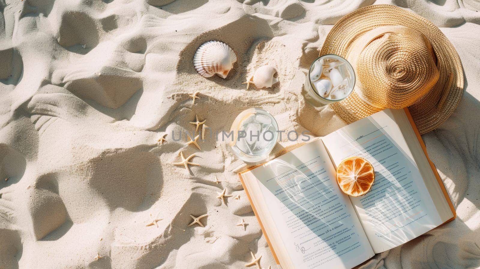 A beautiful beach landscape featuring a book, hat, starfish, seashells, and a refreshing drink by the aqua water. The perfect spot to relax and enjoy the sun AIG50