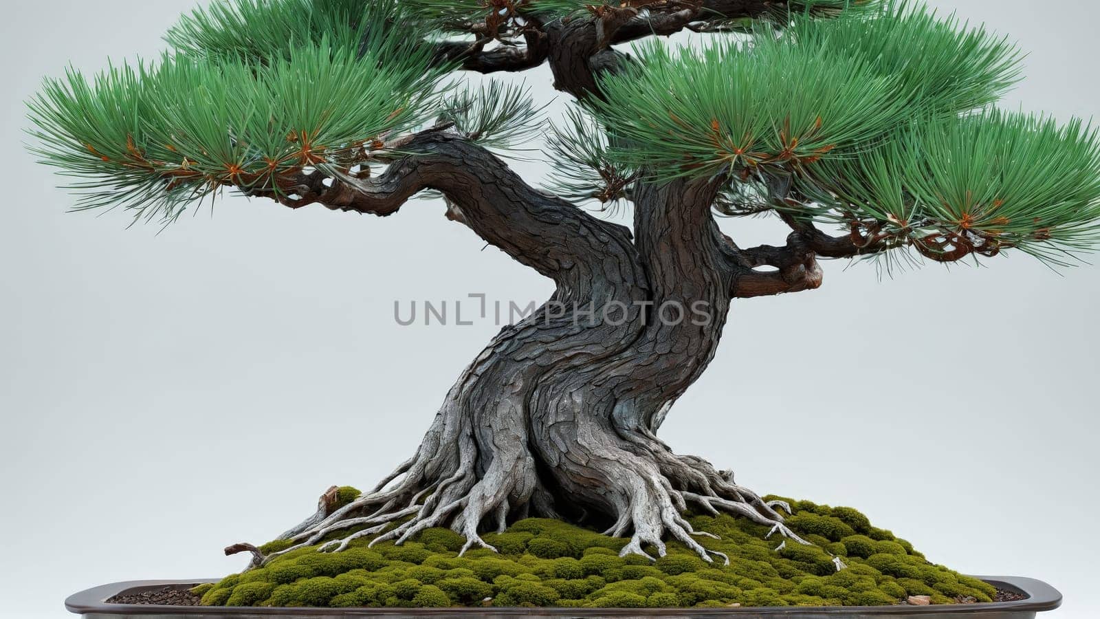 Venerable ponderosa pine bonsai with plated bark and long blue een needles stark white by panophotograph