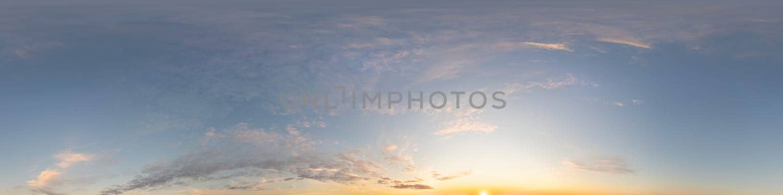 Dark blue sunset sky panorama with pink Cirrus clouds. Seamless hdr 360 panorama in spherical equirectangular format. Full zenith for 3D visualization, sky replacement for aerial drone panoramas. by panophotograph