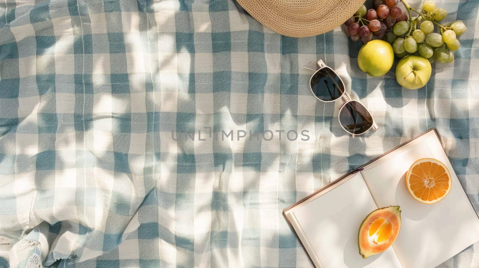 A plantbased picnic blanket with a variety of natural foods and a book on a beach with grass patterns, creating an artistic and relaxing atmosphere AIG50