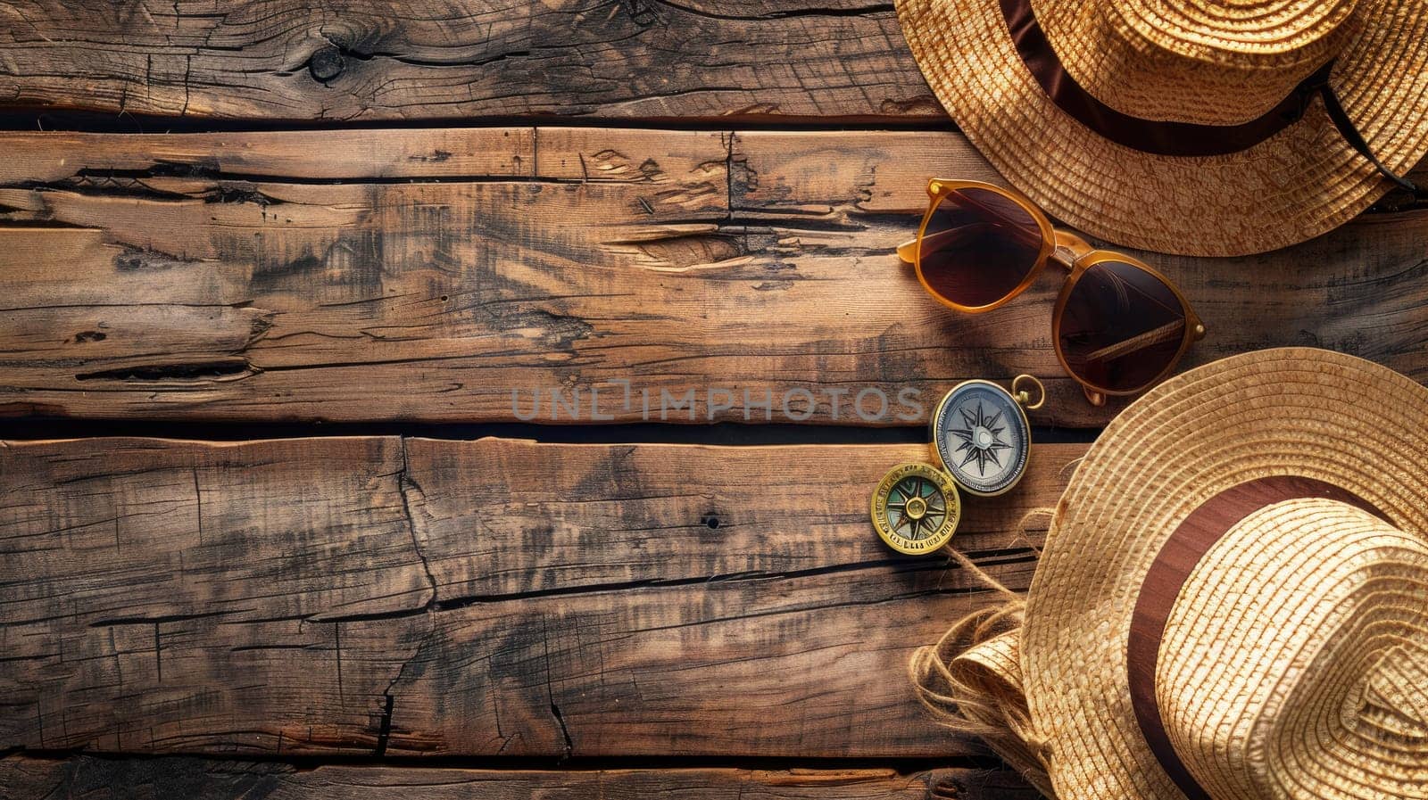 A stylish display of a hat, compass, sunglasses, and a map on a wooden table. The wood adds an artistic touch to this collection of travel essentials AIG50