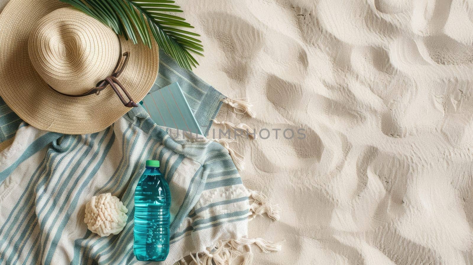 A wooden arch frames the circle of soil where a glass bottle and a fur hat lay on the sandy beach, an eyelash caught on the bottle like a delicate event unfolding AIG50