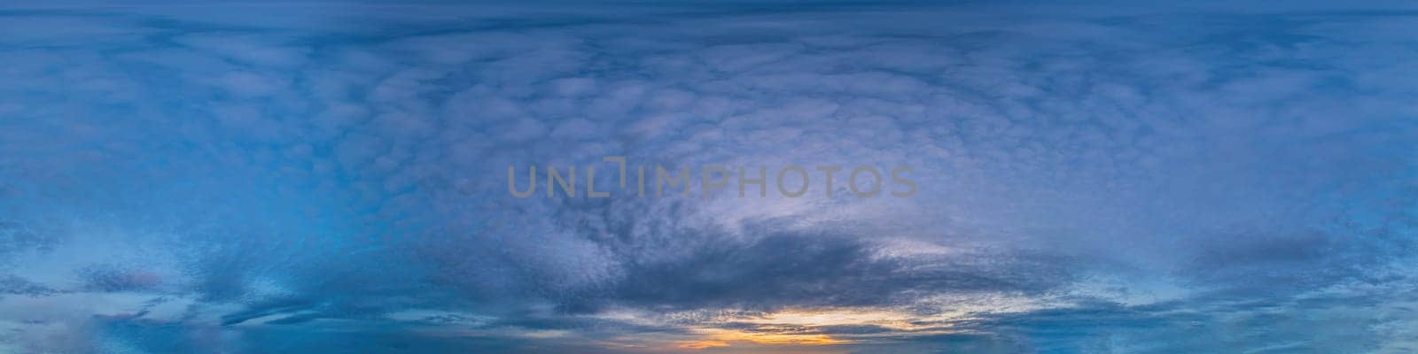 360 panorama of dark blue sunset sky with Cirrocumulus clouds Seamless hdr spherical equirectangular format with complete zenith for use in 3D, game and for composites in aerial drone pano as sky dome by panophotograph