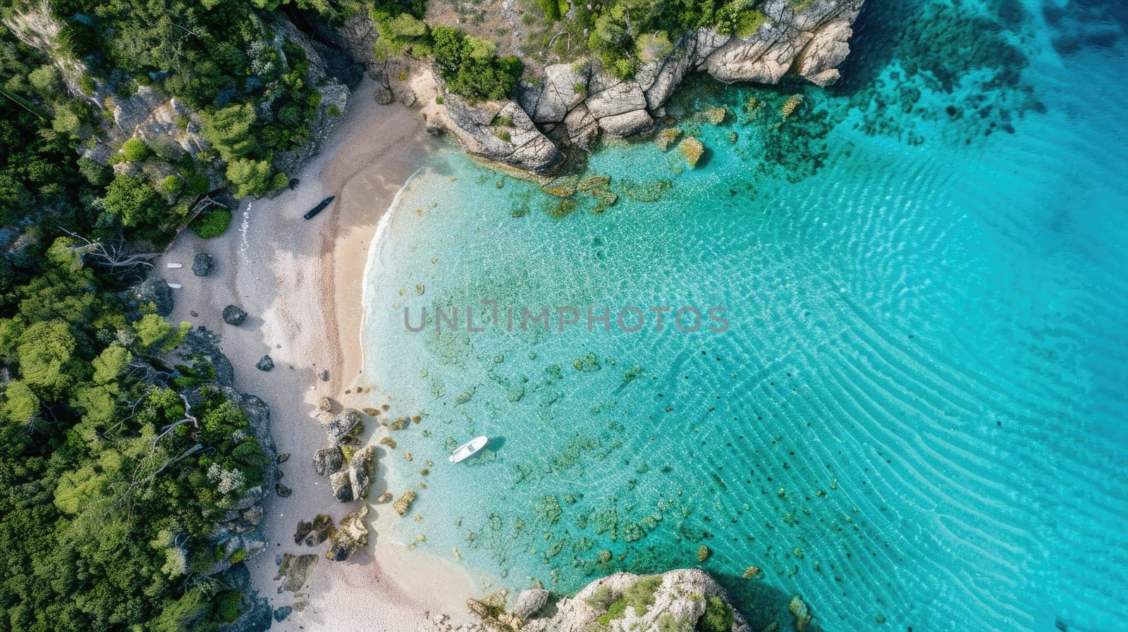 An aerial view of a coastal beach with rocks, surrounded by electric blue water. Natural landscape with oceanic and fluvial landforms, including reefs and lakes AIG50