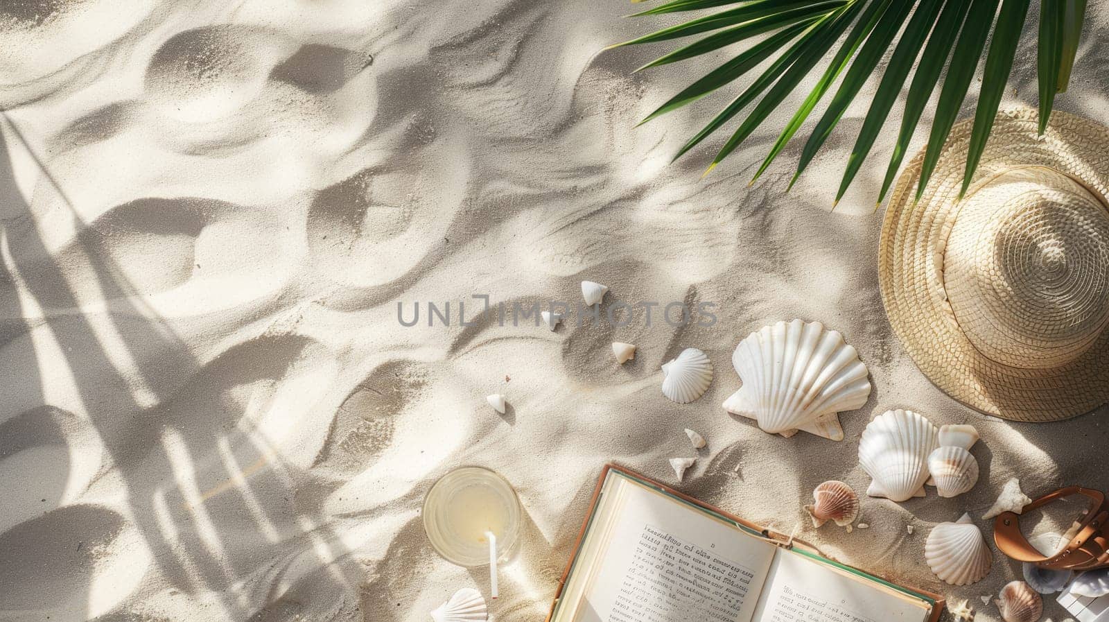A beautiful beach landscape featuring a book, hat, starfish, seashells, and a refreshing drink by the aqua water. The perfect spot to relax and enjoy the sun AIG50