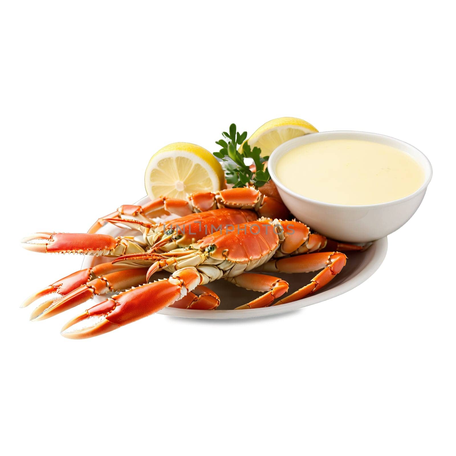 Crab legs steamed and cracked with succulent meat easily accessible served with drawn butter and by panophotograph