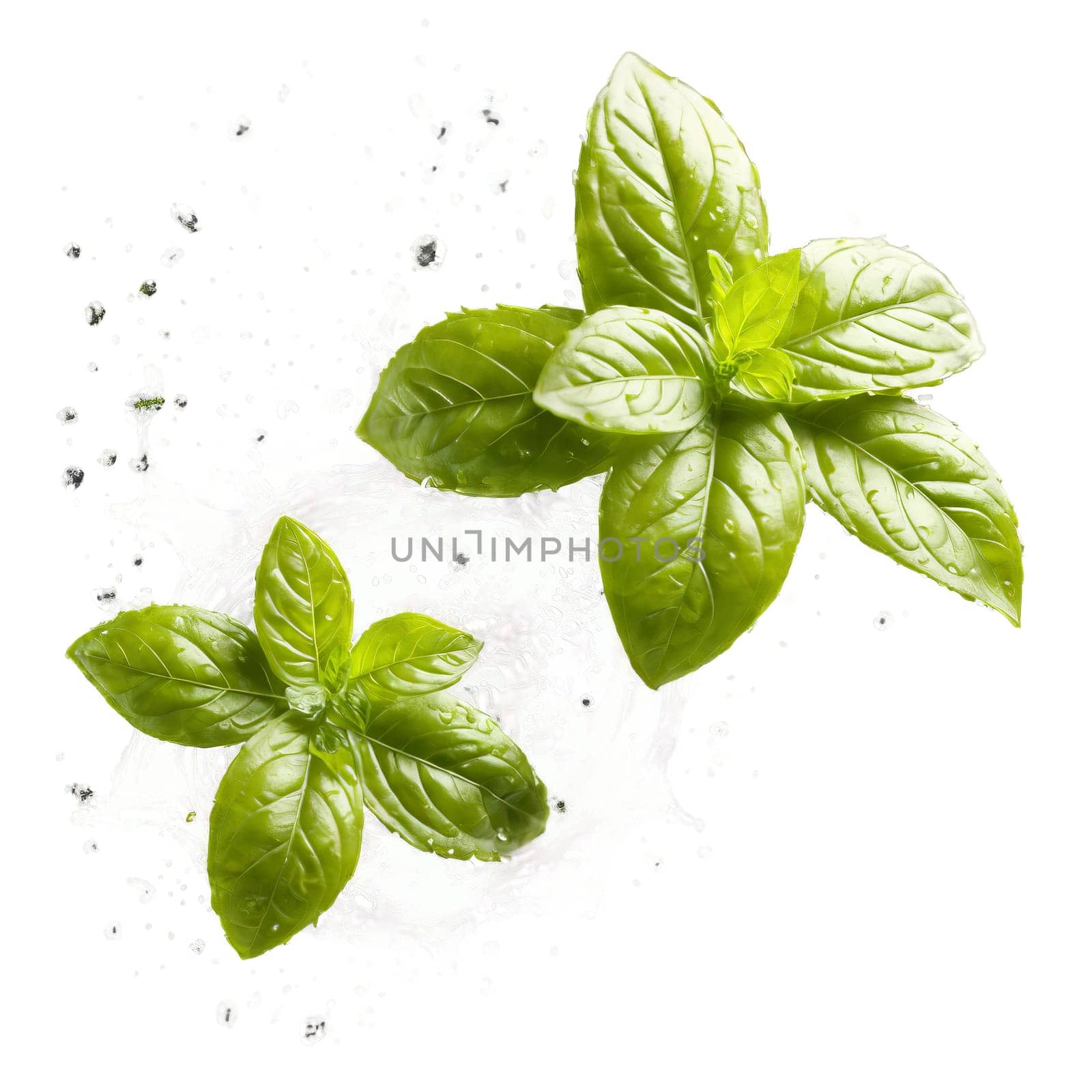 Basil leaves flying in the air with water droplets splashing around Ocimum basilicum Food by panophotograph
