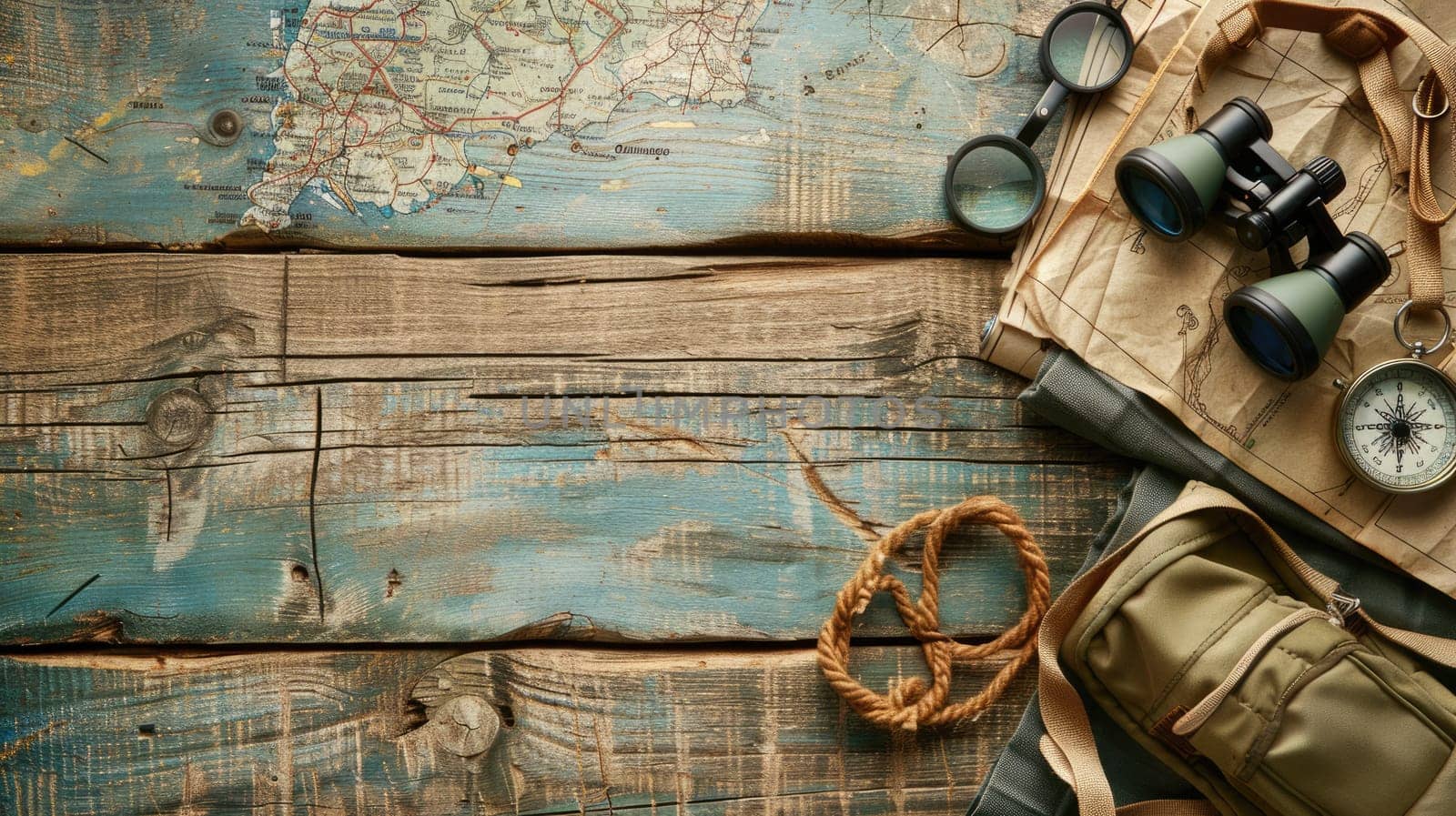 A pair of hiking boots, binoculars, a compass, and a map are displayed on a rustic wooden table in a landscape painting featuring plants and trees AIG50