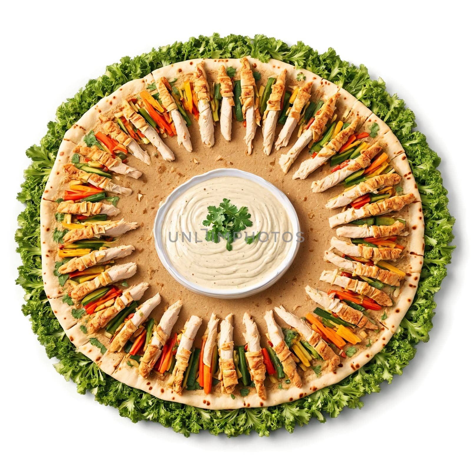 Chicken Shawarma Mandala marinated chicken strips vegetables and garlic sauce wrapped in pita spiraling into by panophotograph
