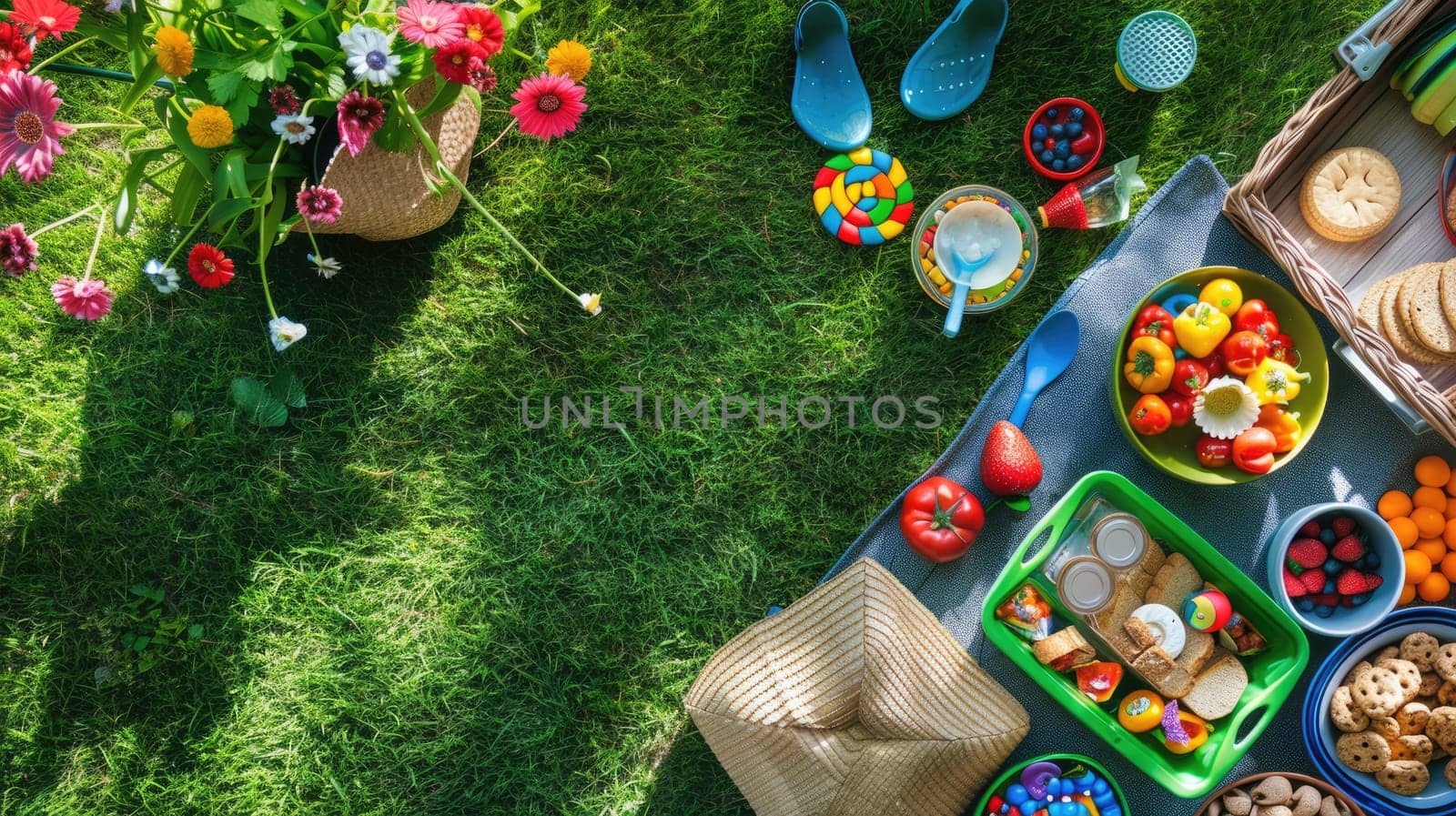 A group of children is enjoying a picnic surrounded by grass, trees, and shrubs in a natural landscape. They are leisurely soaking up the sun and appreciating the beauty of the environment AIG50