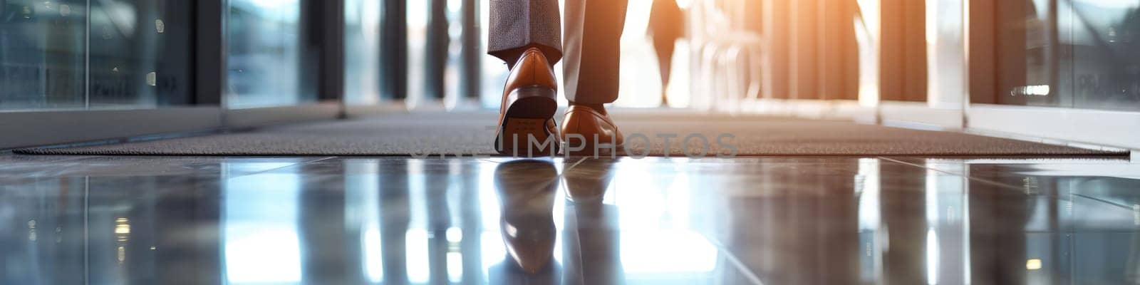 The close up picture of the person is working as a businessman and walking in the office building, the business person require skill like management, communication, negotiation and leadership. AIG43.